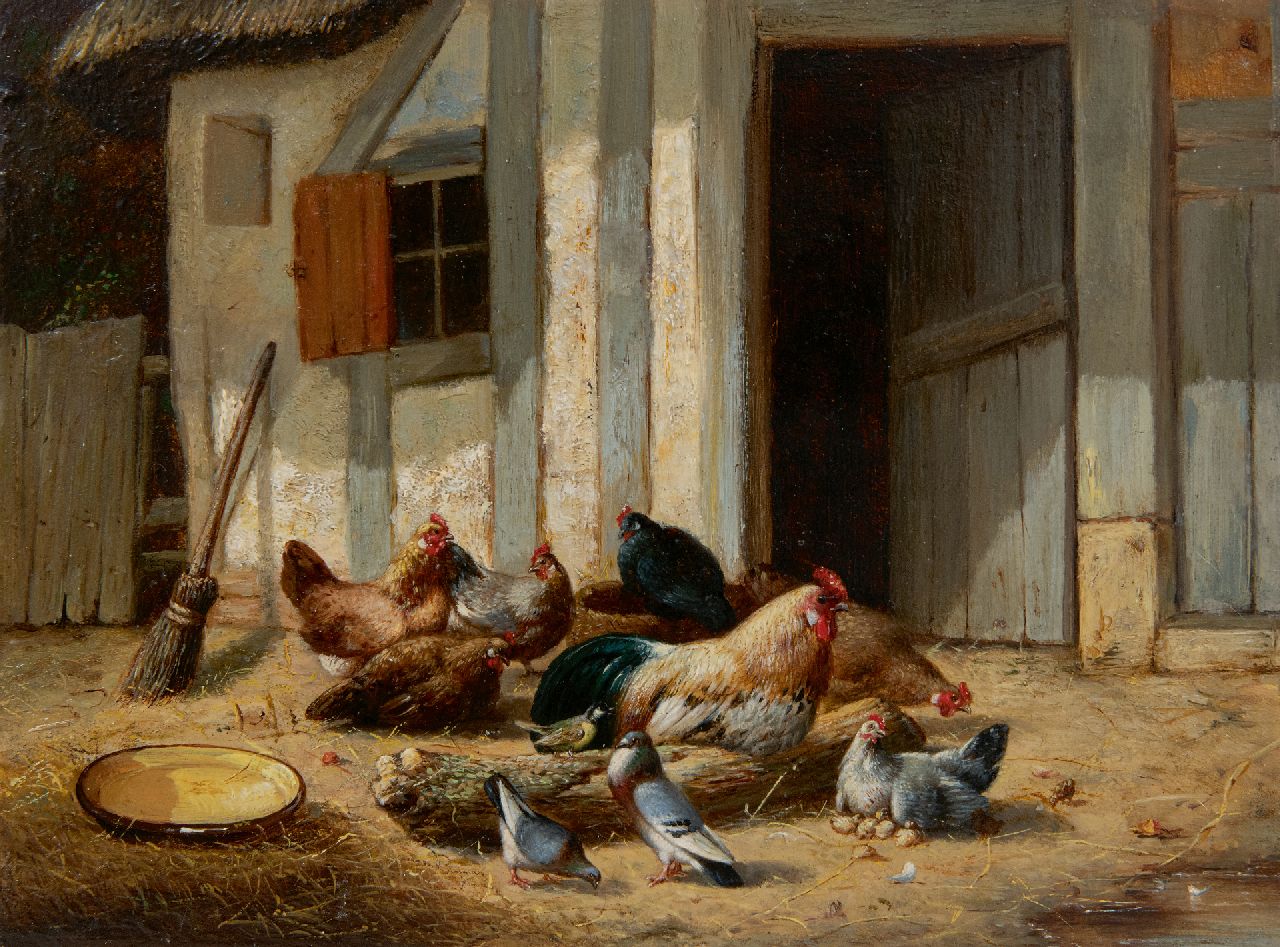 Maes E.R. | Eugène Remy Maes, Hahn und Hühner auf dem Hof, Öl auf Holz 17,8 x 24,0 cm, 1860 Maes E.R. | Eugène Remy Maes, Hahn und Hühner auf dem Hof, Öl auf Holz 17,8 x 24,0 cm, 1860