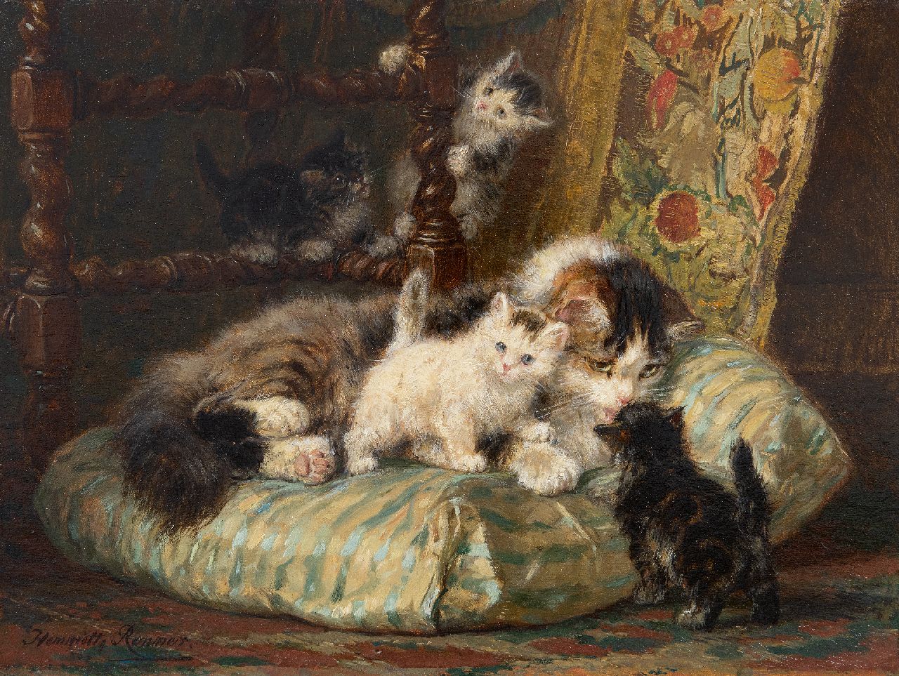 Ronner-Knip H.  | Henriette Ronner-Knip, Mutter Katze mit vier spielenden Kätzchen, Öl auf Holz 24,5 x 32,6 cm, Unterzeichnet u.l.