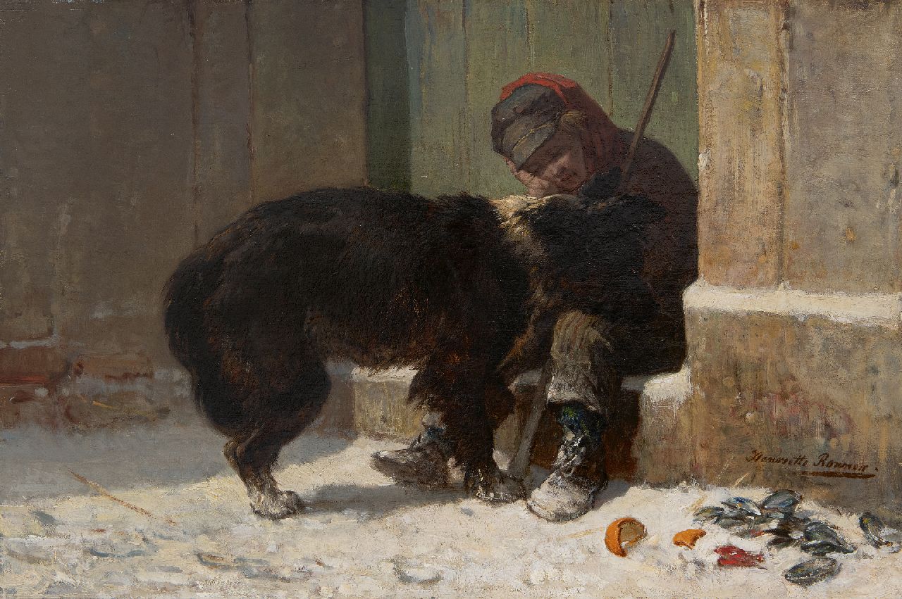 Ronner-Knip H.  | Henriette Ronner-Knip | Gemälde zum Verkauf angeboten | Junge mit seinem Hund im Schnee, Öl auf Leinwand 37,5 x 56,4 cm, Unterzeichnet u.r.