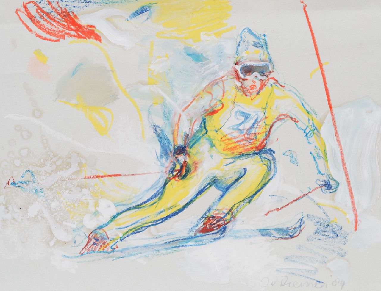 Diemen J. van | Jan van Diemen, Slalom-Skifahrer, Gouache und Kreide auf Papier 50,0 x 65,0 cm, Unterzeichnet u.r. und datiert '84