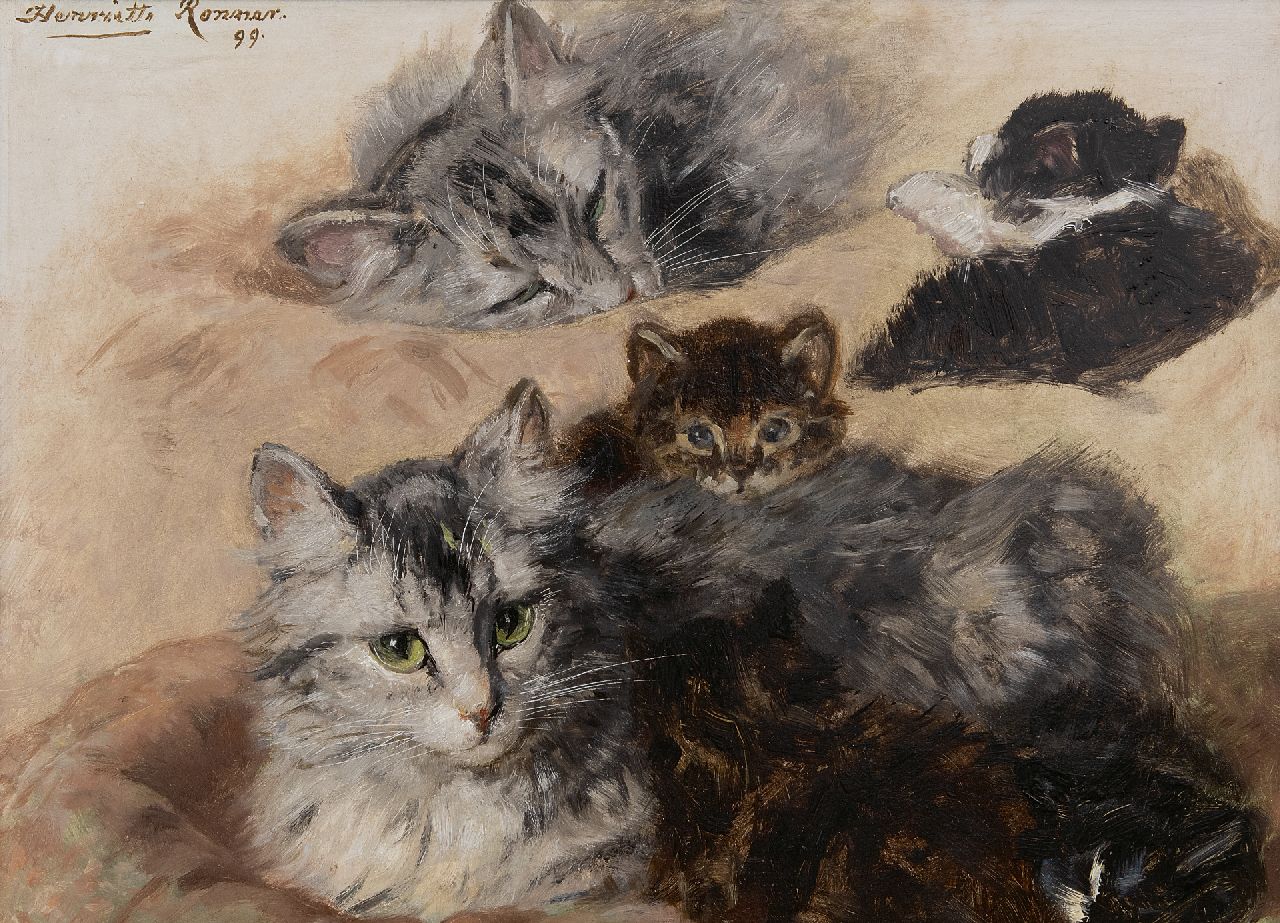 Ronner-Knip H.  | Henriette Ronner-Knip, Studie von Katz und Kätzchen, Öl auf Holz 27,7 x 37,4 cm, Unterzeichnet o.l. und datiert '99