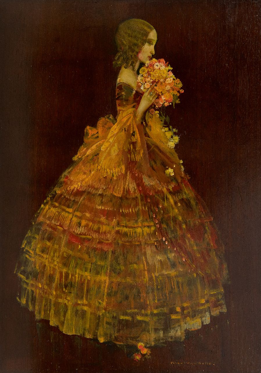 Belle K. van | Karel van Belle | Gemälde zum Verkauf angeboten | Frau im gelben Ballkleid, Öl auf Holz 41,8 x 29,6 cm, Unterzeichnet u.r.