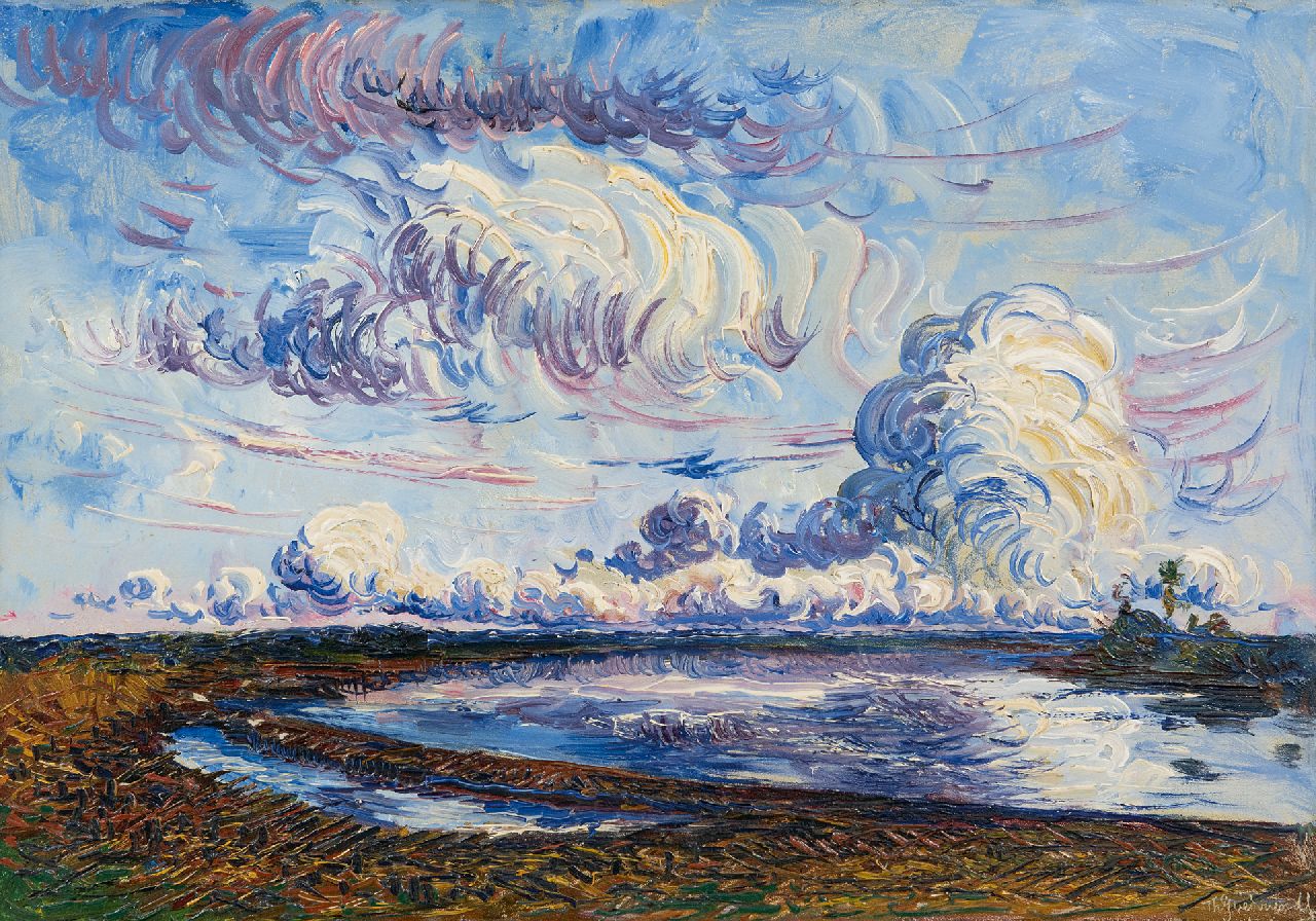 Goedvriend Th.F.  | Theodoor Franciscus 'Theo' Goedvriend, Wolken über einer Polderlandschaft, Öl auf Malereifaser 25,5 x 36,3 cm, Unterzeichnet u.r.