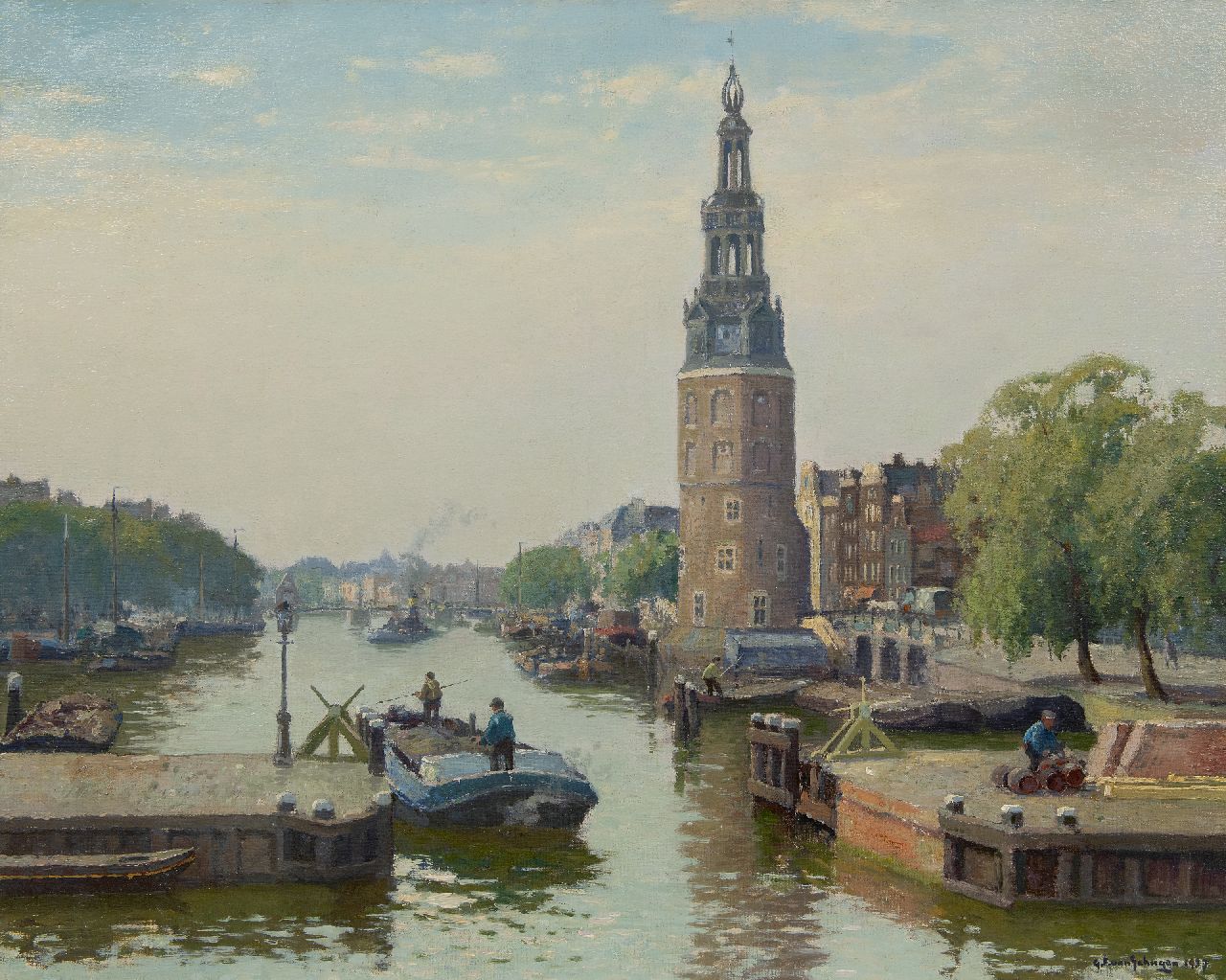 Schagen G.F. van | Gerbrand Frederik van Schagen | Gemälde zum Verkauf angeboten | View of the Montelbaanstoren, Amsterdam, Öl auf Leinwand 80,7 x 100,9 cm, Unterzeichnet u.r. und datiert 1937