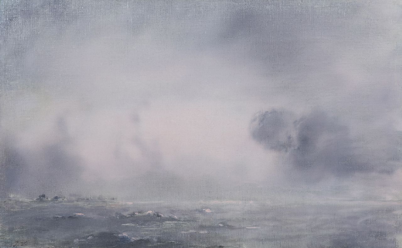 Voerman sr. J.  | Jan Voerman sr., Aufkommender Regenguss über der IJssel, Öl auf Leinwand 38,5 x 61,4 cm, Unterzeichnet l.u. mit Initialen