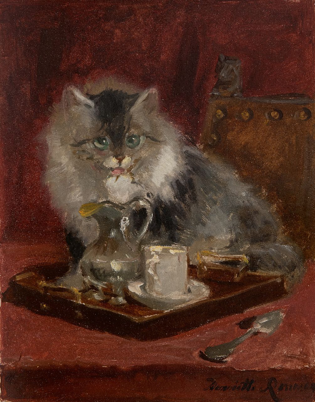 Ronner-Knip H.  | Henriette Ronner-Knip, Katze am Tablett mit Kanne und Tasse, Öl auf Malereifaser 31,9 x 25,6 cm, Unterzeichnet u.r.