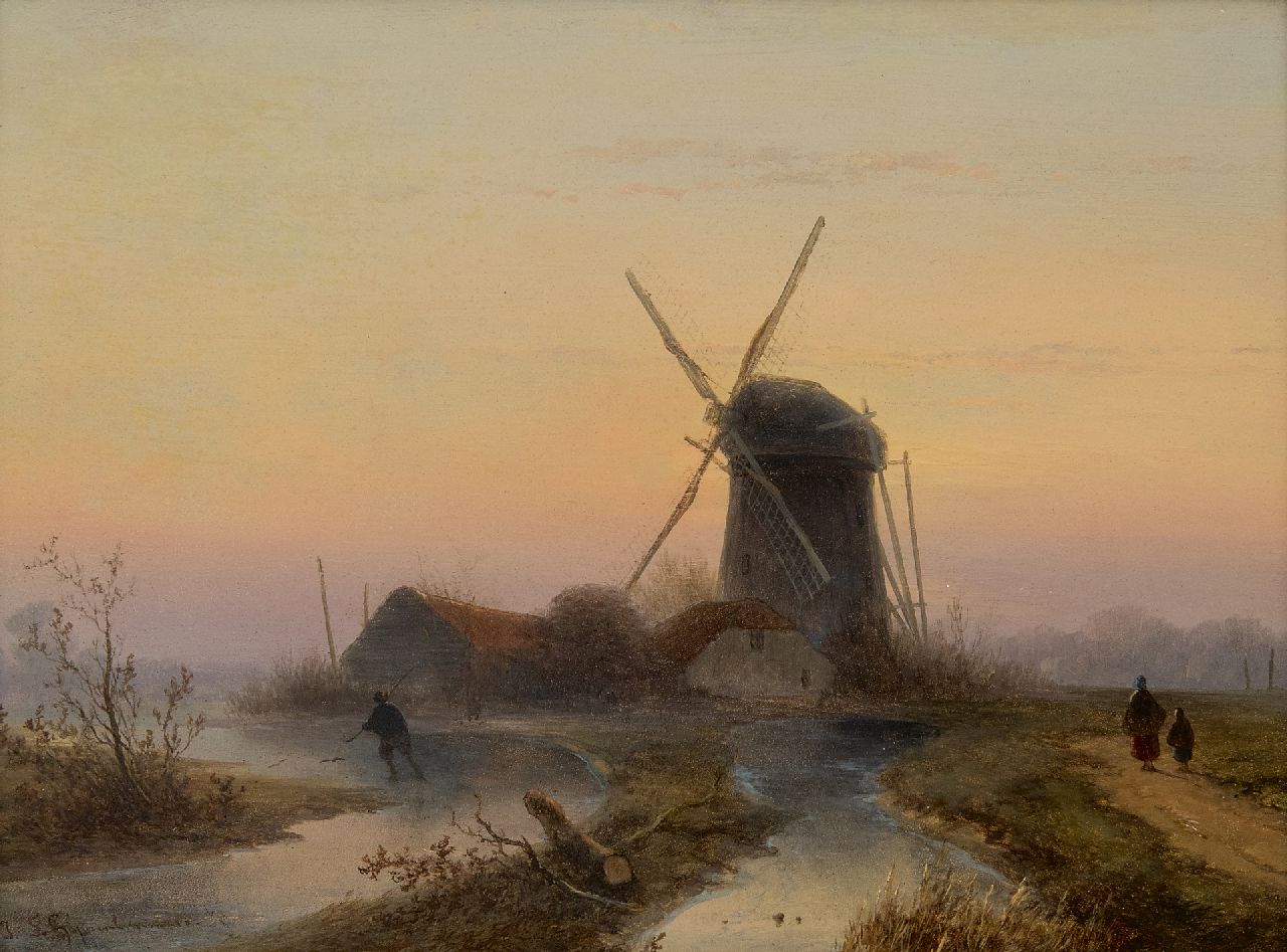 Hoppenbrouwers J.F.  | Johannes Franciscus Hoppenbrouwers, Windmühle am zugefrorenen Kanal, Öl auf Holz 24,0 x 32,1 cm, Unterzeichnet u.l.