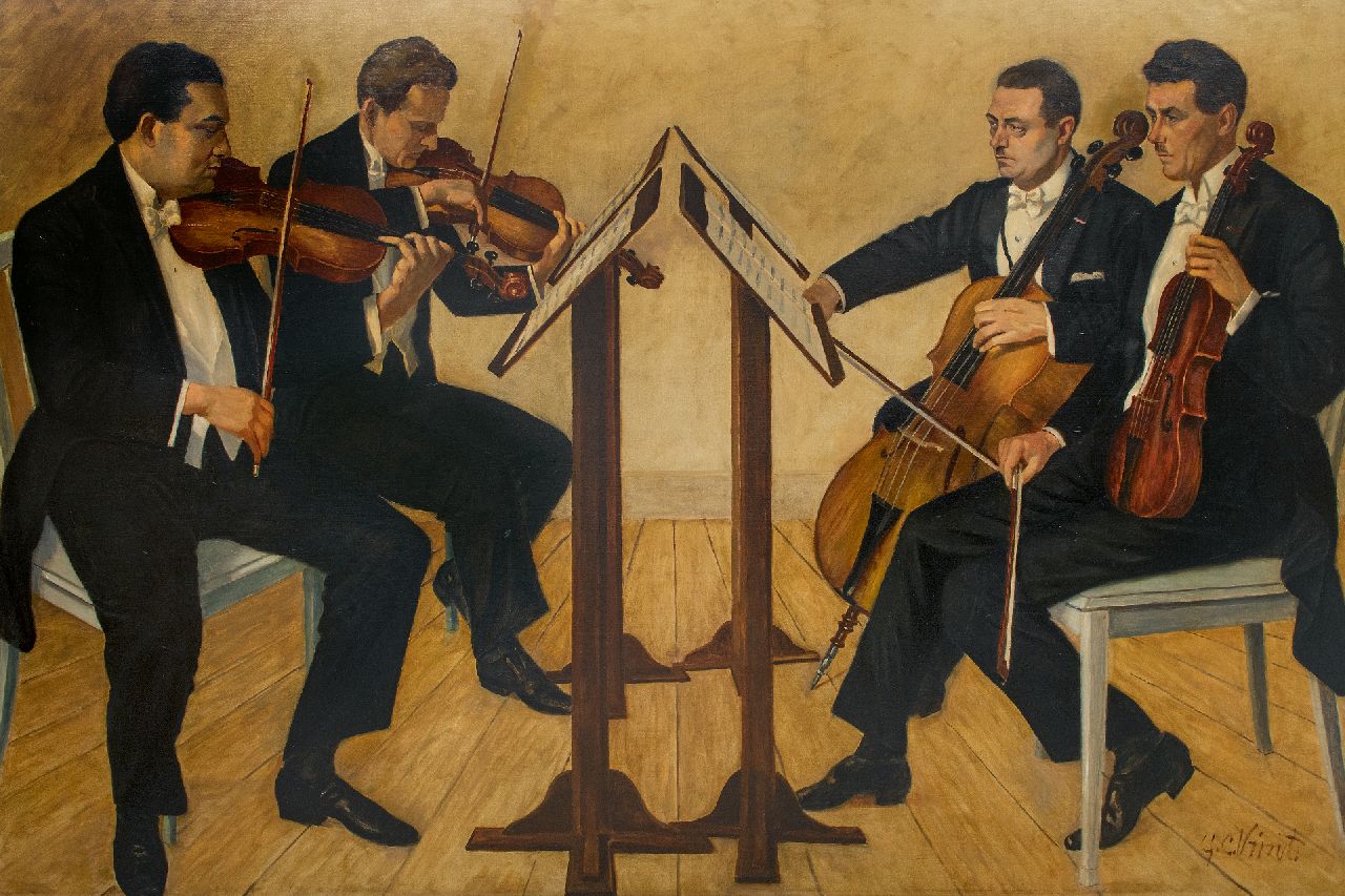 Vrint G.C.  | Gerrit Christiaan 'Gerard' Vrint | Gemälde zum Verkauf angeboten | Das Haager Streichquartett mit Sam Swaap, Adolf Poth, Charles van Isterdaal und Jean Devert, Öl auf Leinwand 141,0 x 210,0 cm, Unterzeichnet u.r. und te dateren ca. 1938