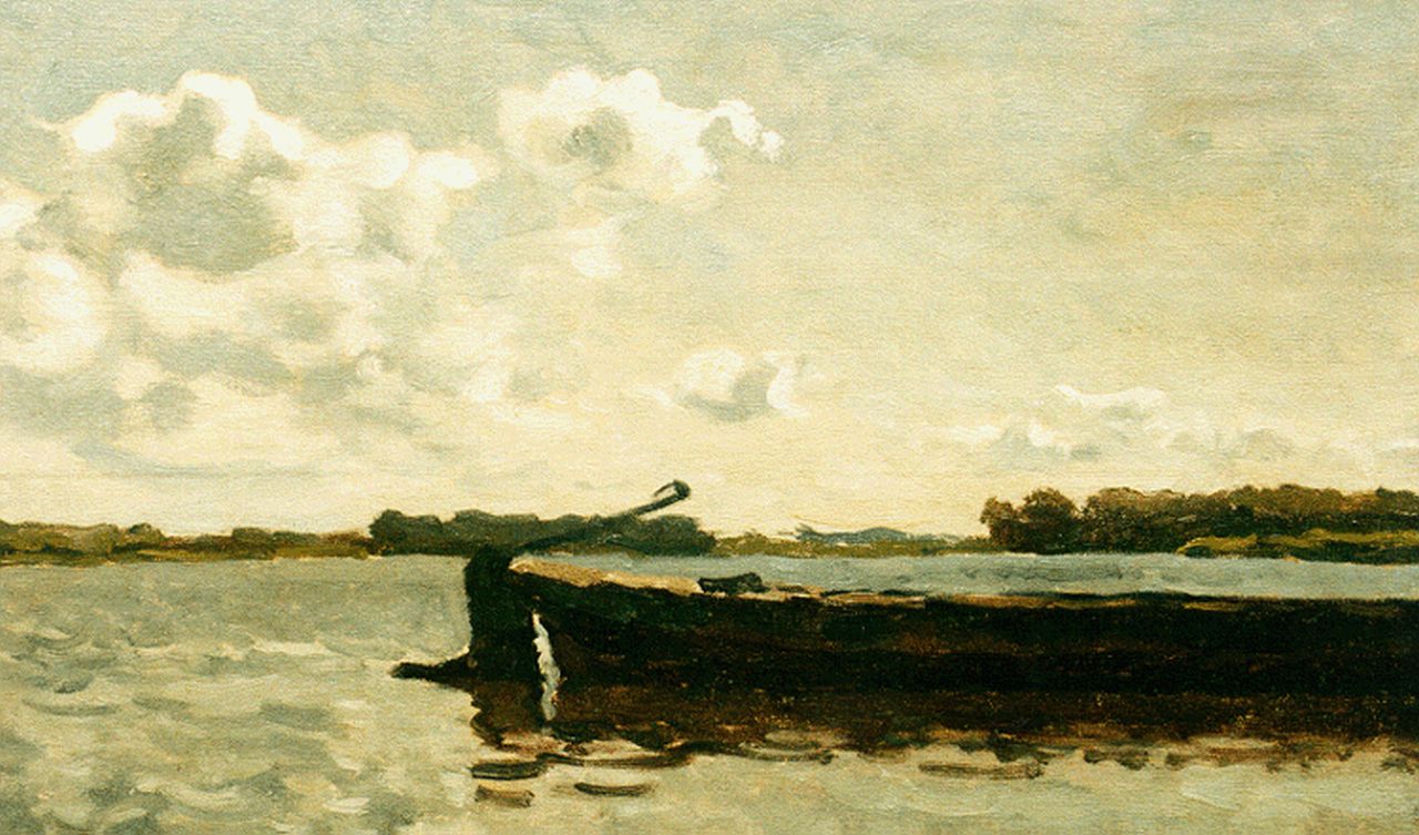 Tholen W.B.  | Willem Bastiaan Tholen, A moored flatboat, Öl auf Leinwand auf Holz 25,3 x 38,7 cm, signed l.r. und dated '11