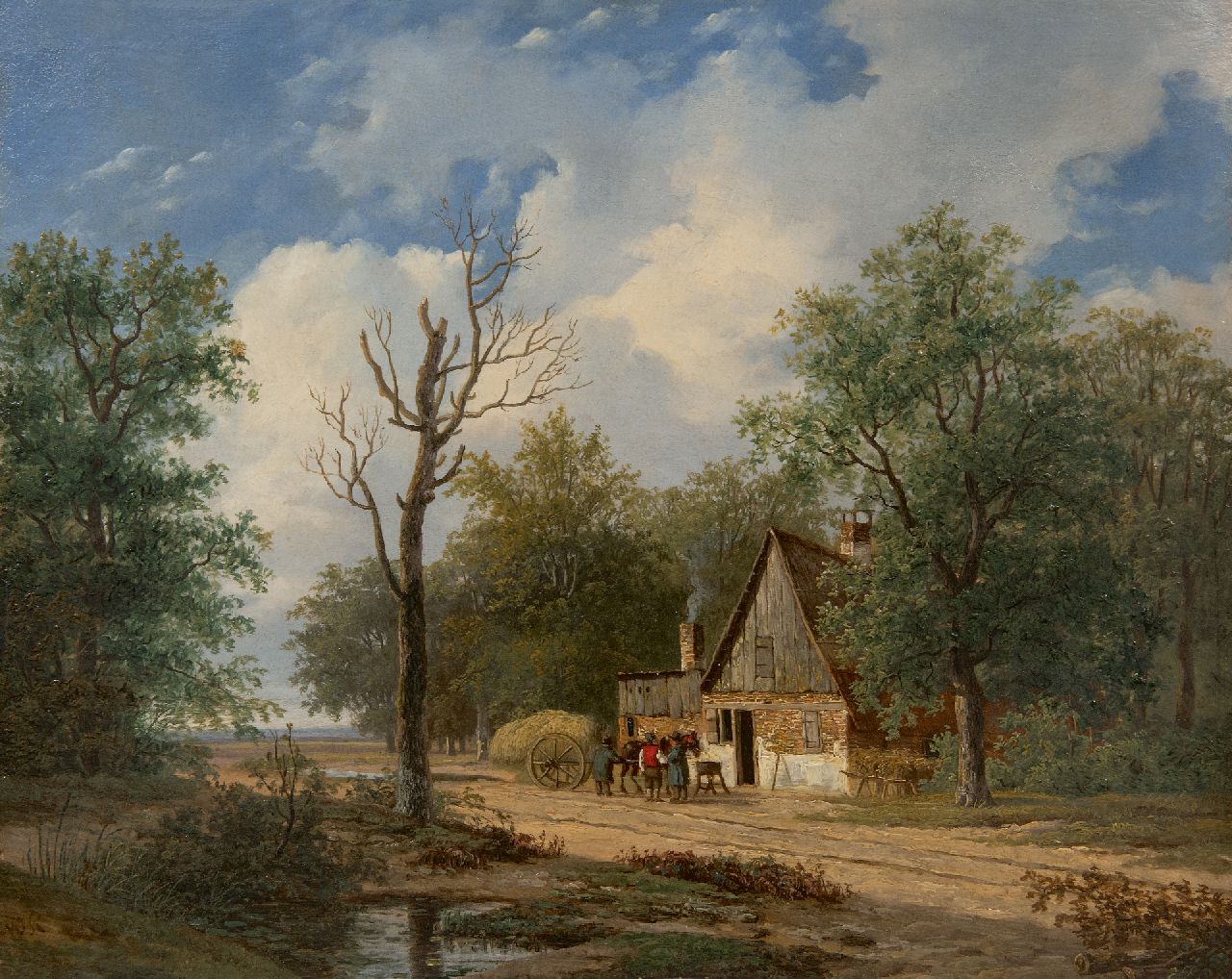 Roosenboom N.J.  | Nicolaas Johannes Roosenboom | Gemälde zum Verkauf angeboten | Waldlandschaft mit Figuren am Heuwagen, Öl auf Holz 33,3 x 41,1 cm, Unterzeichnet u.l. mit Initialen und zonder lijst