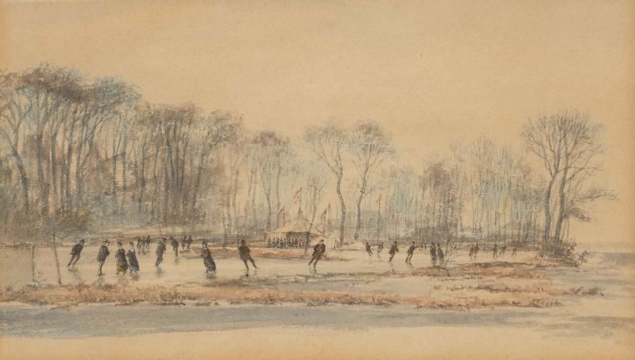 Pieter van Borselen | Skater auf überfluteten Wiesen, Bleistift und Aquarell auf Papier, 17,1 x 27,1 cm