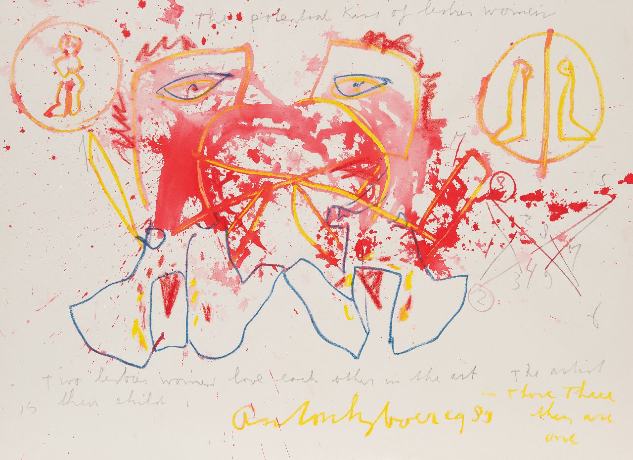 Heyboer A.  | Anton Heyboer | Aquarelle und Zeichnungen zum Verkauf angeboten | The potential kiss of lesbian women, Bleistift, Kreide und Aquarell auf Papier 78,4 x 107,5 cm, Unterzeichnet u.m. und datiert 1989, ohne Rahmen