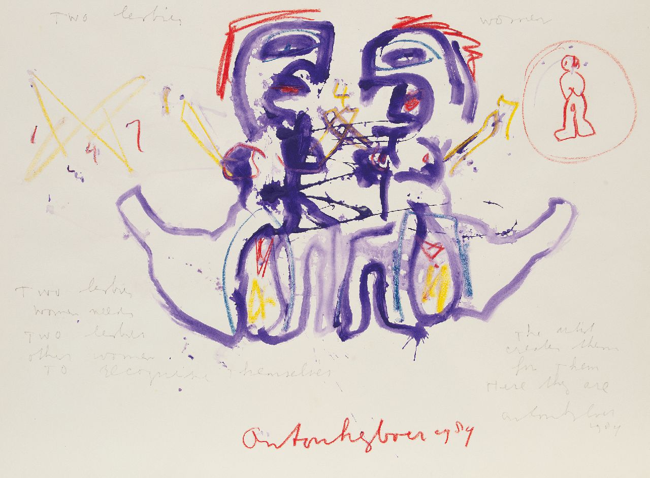 Heyboer A.  | Anton Heyboer | Aquarelle und Zeichnungen zum Verkauf angeboten | Two lesbian women, Bleistift, Kreide und Aquarell auf Papier 78,5 x 107,5 cm, Unterzeichnet u.m. und datiert 1984