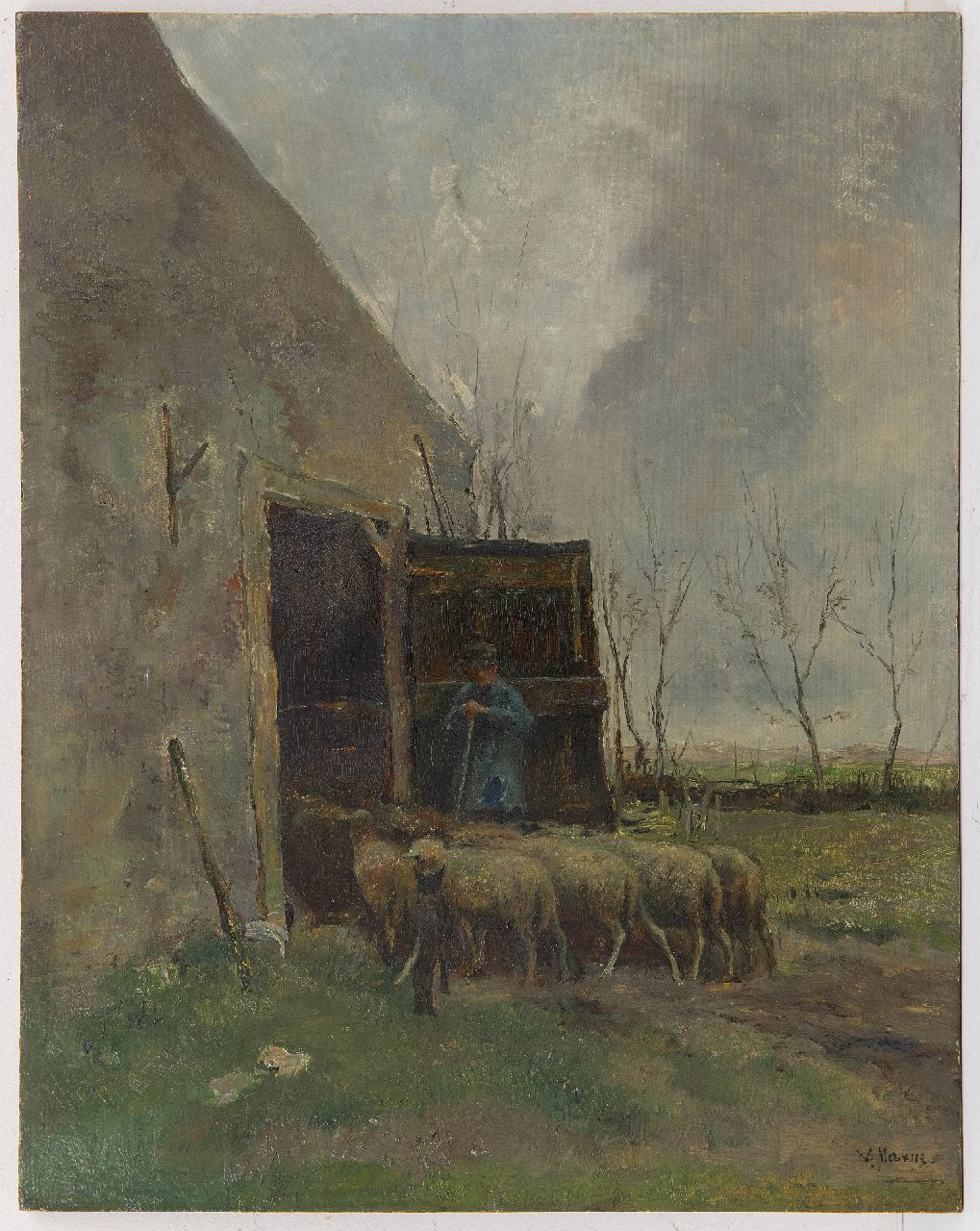 Mauve A.  | Anthonij 'Anton' Mauve | Gemälde zum Verkauf angeboten | Schafe und Hirte am Stall, Öl auf Holz 46,1 x 36,2 cm, Unterzeichnet u.r.