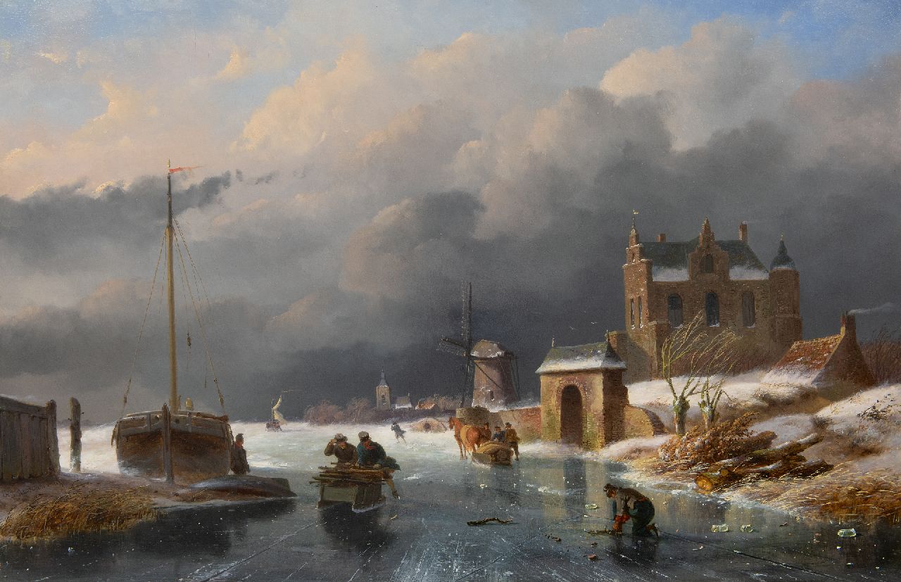 Roosenboom N.J.  | Nicolaas Johannes Roosenboom | Gemälde zum Verkauf angeboten | Figuren auf dem Eis bei einem nahenden Sturm, Öl auf Holz 49,1 x 75,1 cm, Unterzeichnet u.l.