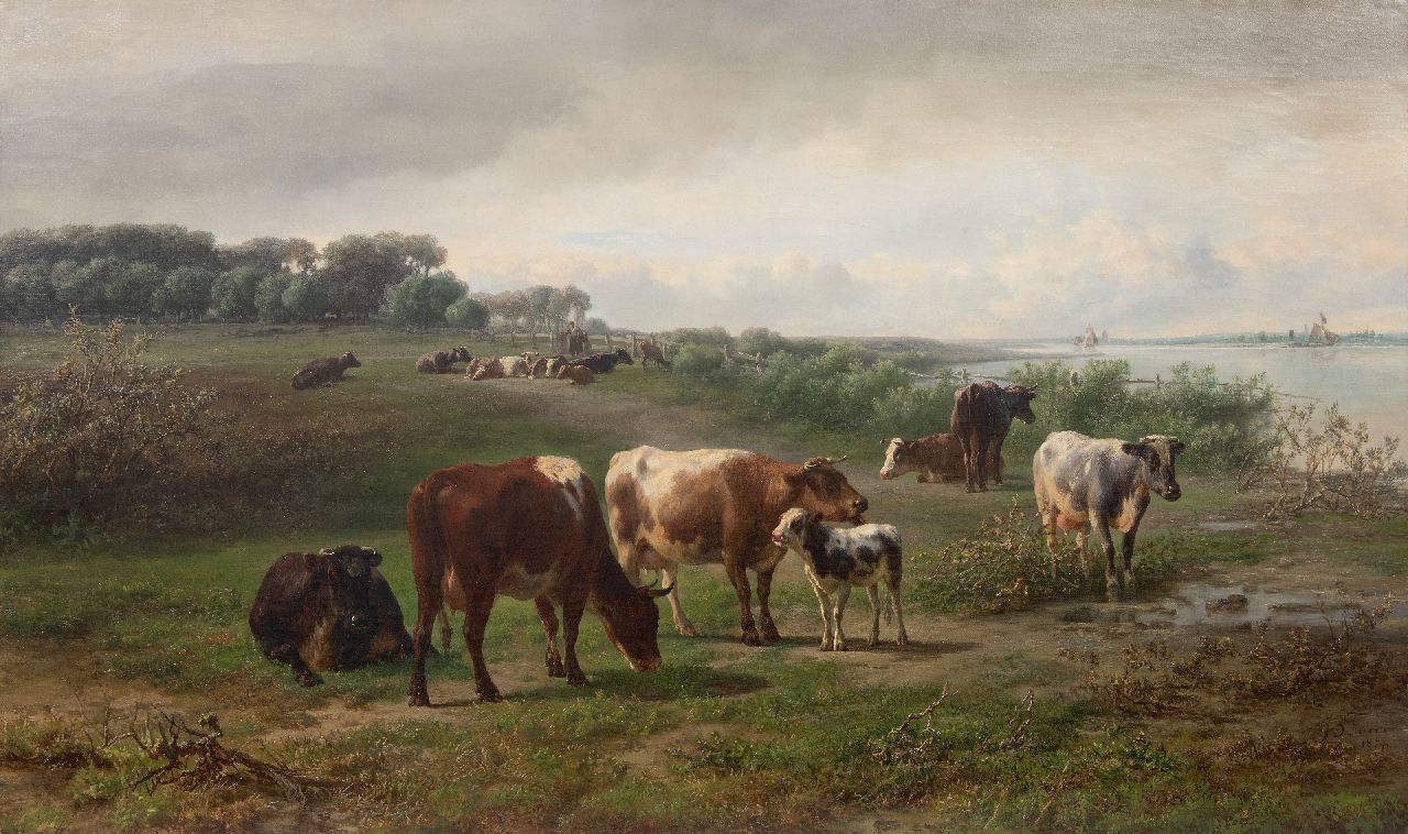 Tom J.B.  | Jan Bedijs Tom | Gemälde zum Verkauf angeboten | Kühe entlang eines Flusses, möglicherweise des Rheins in Gelderland, Öl auf Leinwand 72,3 x 122,5 cm, Unterzeichnet u.r. und datiert 1874
