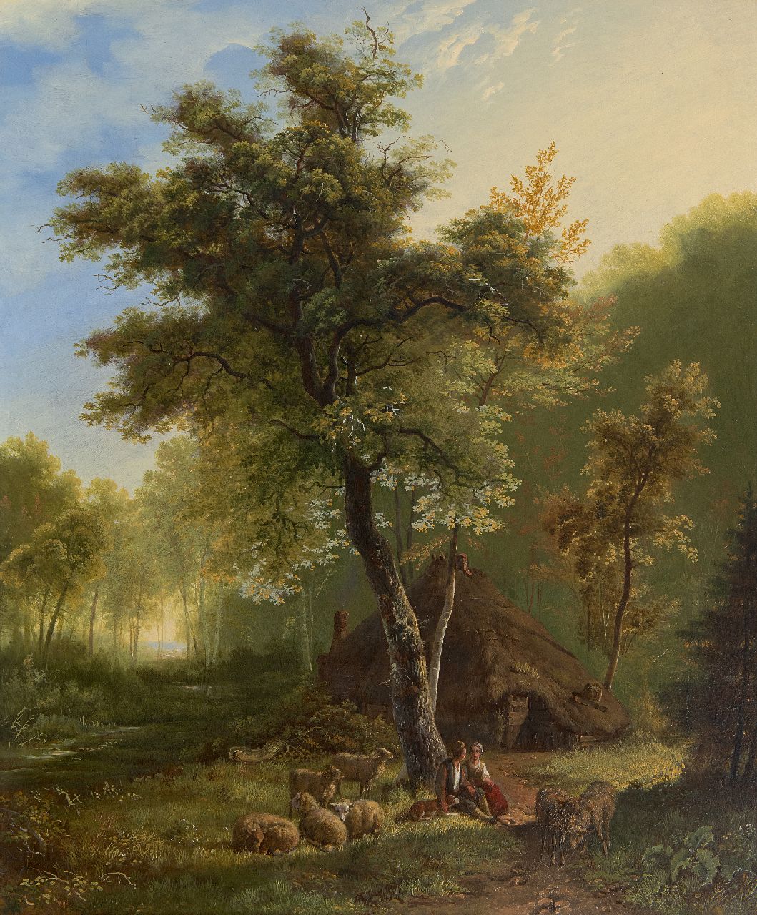 Bodeman W.  | Willem Bodeman | Gemälde zum Verkauf angeboten | Shepherd couple with sheep at a hut, Öl auf Holz 58,6 x 49,0 cm, Unterzeichnet m.u. und datiert 1856