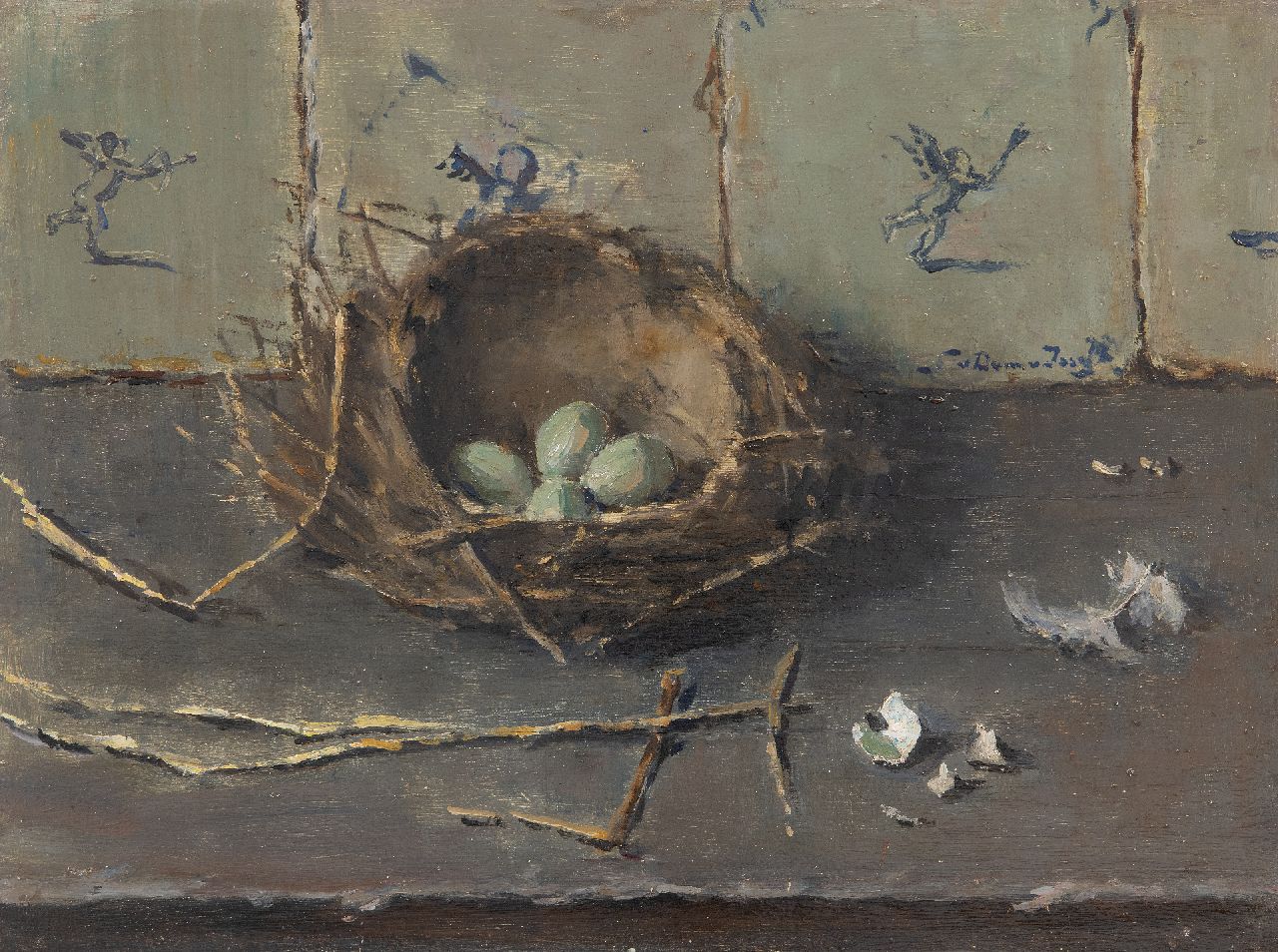Dam van Isselt L. van | Lucie van Dam van Isselt, Eier im Vogelnest vor dem Hintergrund alter holländischer Kacheln, Öl auf Holz 30,1 x 40,2 cm, Unterzeichnet r.m.