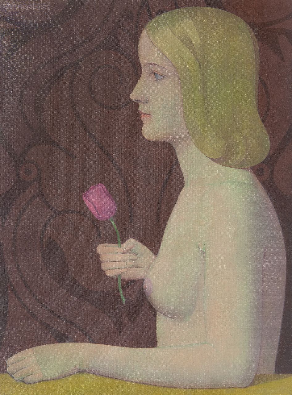 Heyse J.  | Jan Heyse | Gemälde zum Verkauf angeboten | Akt mit einer Tulpe, Öl auf Leinwand  auf Holzfaser 54,6 x 40,3 cm, Unterzeichnet o.l. und datiert 1951