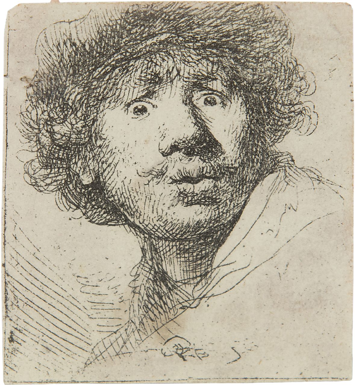 Rembrandt (Rembrandt Harmensz. van Rijn)   | Rembrandt (Rembrandt Harmensz. van Rijn) | Grafik zum Verkauf angeboten | Selbstporträt mit Barett, weit geöffneten Augen und offenem Mund, Radierung 4,9 x 4,3 cm, Unterzeichnet m.c. (auf dem Teller) und datiert 130