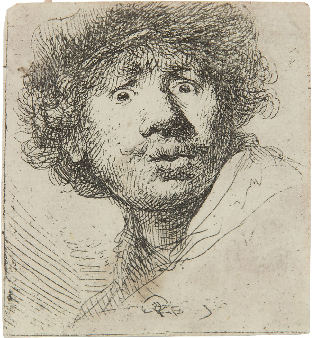 Rembrandt (Rembrandt Harmensz. van Rijn)   | Rembrandt (Rembrandt Harmensz. van Rijn) | Grafik zum Verkauf angeboten | Selbstporträt mit Barett, weit geöffneten Augen und offenem Mund, Radierung auf Papier 4,9 x 4,3 cm, Unterzeichnet m.c. (auf dem Teller) und datiert 1630 (auf dem Teller)