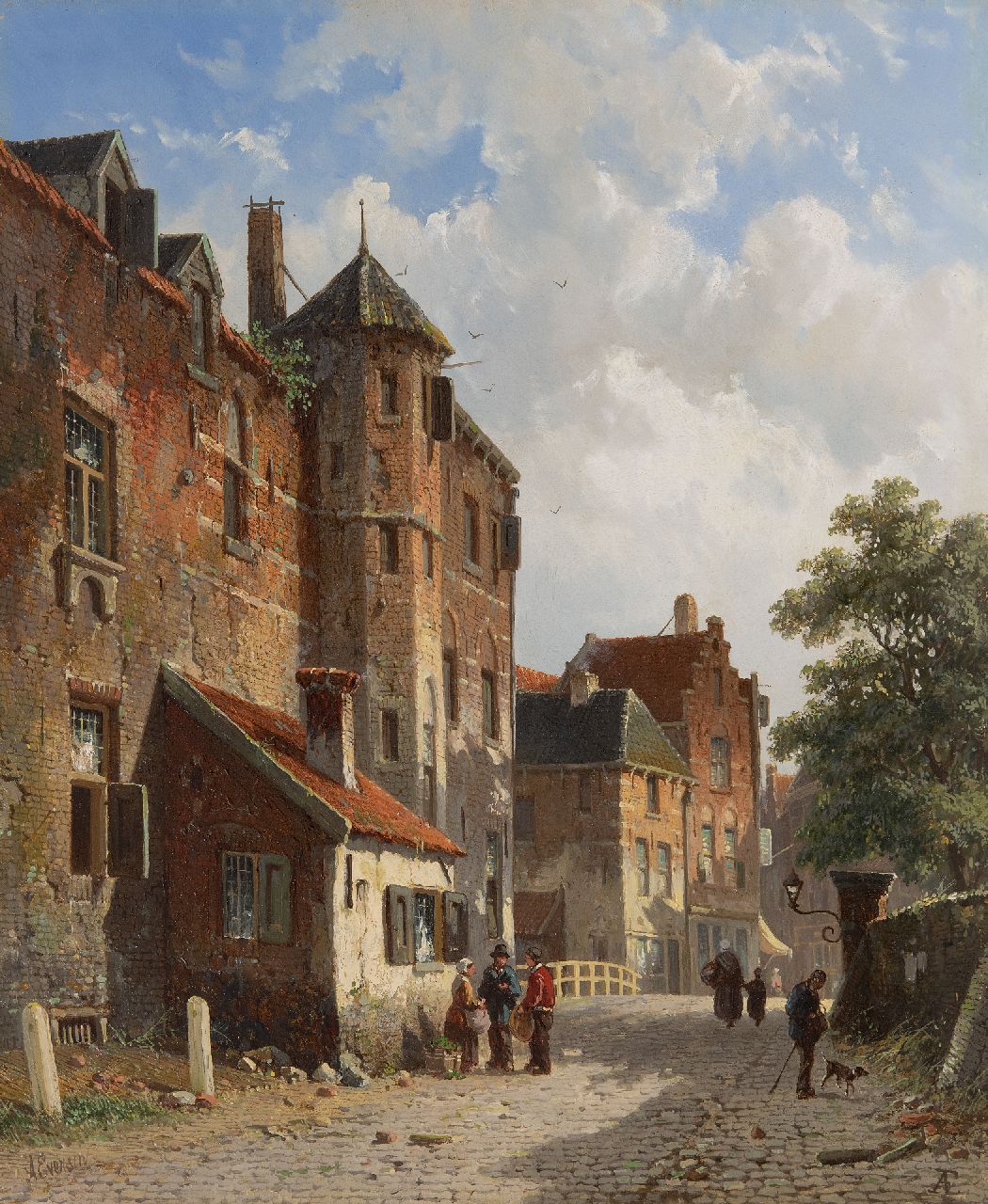 Eversen A.  | Adrianus Eversen, Sonnige Holländische  Strasse, Öl auf Holz 41,8 x 34,4 cm, Unterzeichnet u.l. und u.r. mit Monogramm