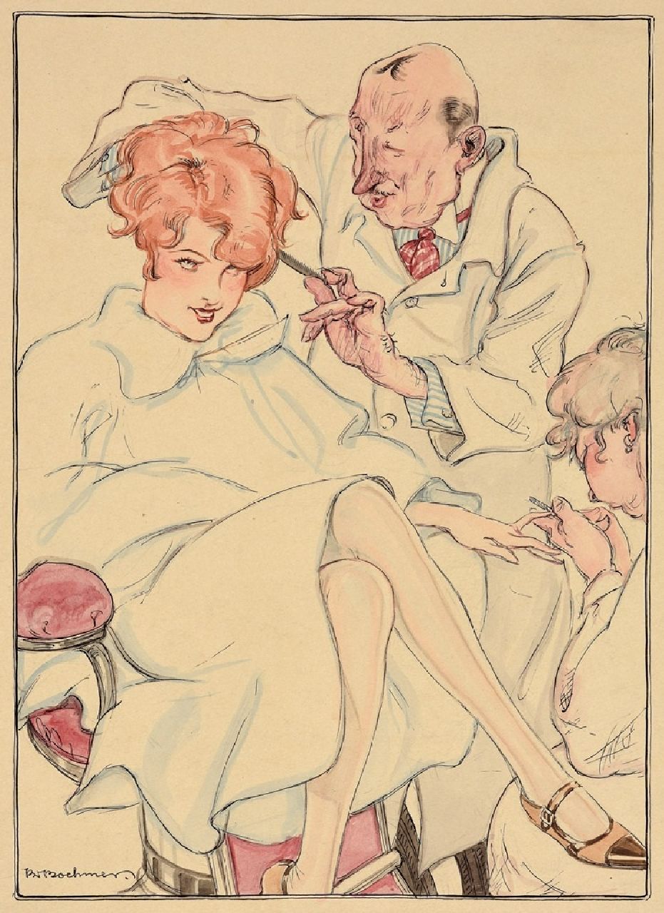 Boehmer K.W.  | Karl Wolfgang Boehmer | Aquarelle und Zeichnungen zum Verkauf angeboten | Beim Friseur, Aquarell auf Papier 25,0 x 18,0 cm, Unterzeichnet l.u. und ohne Rahmen