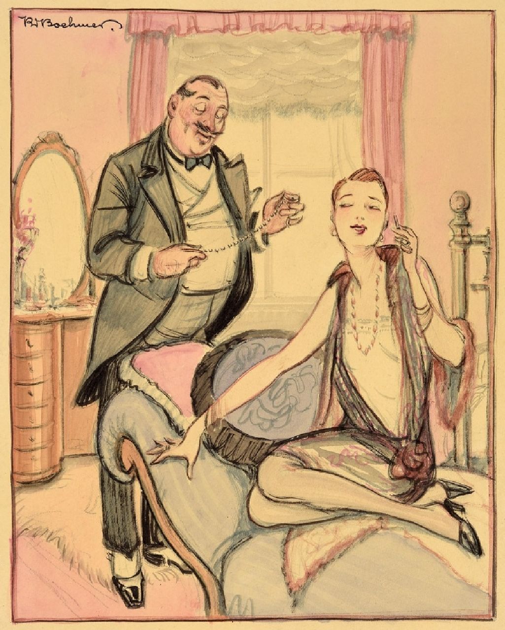 Boehmer K.W.  | Karl Wolfgang Boehmer | Aquarelle und Zeichnungen zum Verkauf angeboten | Ein Geschenk für die Dame, Bleistift und Aquarell auf Papier 24,0 x 19,0 cm, Unterzeichnet l.o. und ohne Rahmen