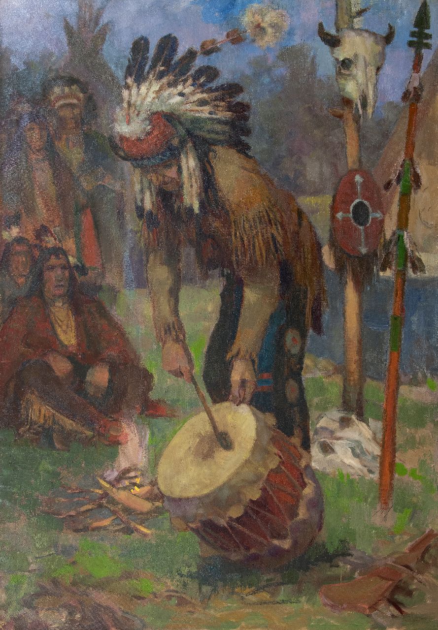 Amerikaanse School, 20e eeuw | Trommelnder Medizinmann des einheimischer Stamm, Öl auf Leinwand, 128,0 x 89,8 cm