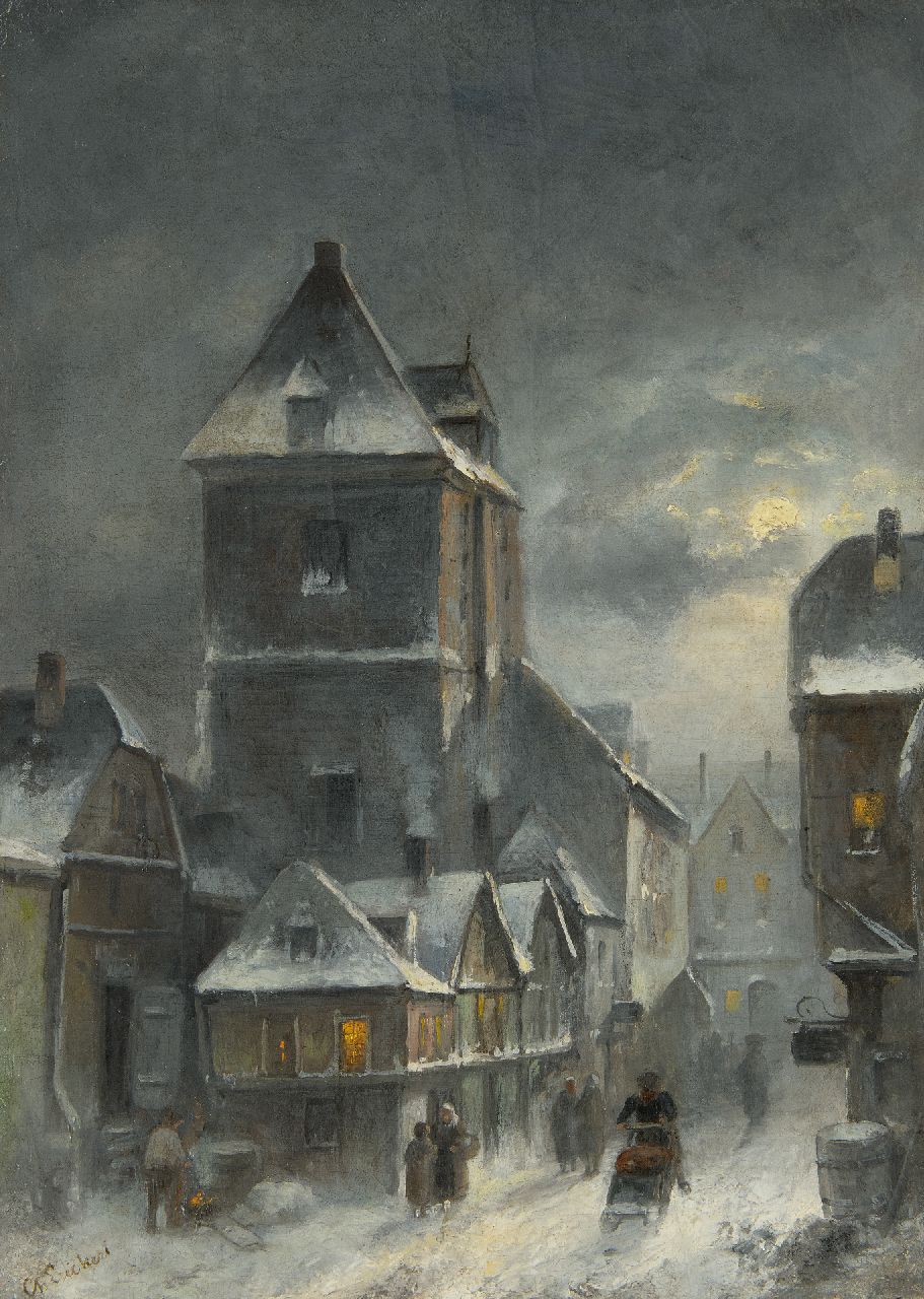 Leickert C.H.J.  | 'Charles' Henri Joseph Leickert, Winterliches Stadtbild am frühen Abend, Öl auf Leinwand 42,6 x 30,6 cm, Unterzeichnet u.l. und um 1895