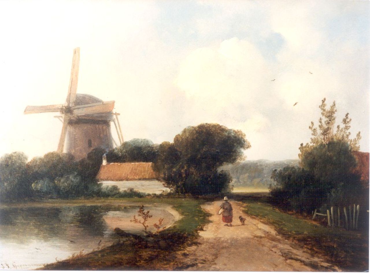 Hoppenbrouwers J.F.  | Johannes Franciscus Hoppenbrouwers, A summer landscape with a windmill along a waterway, Öl auf Holz 24,0 x 27,9 cm, signed l.l.