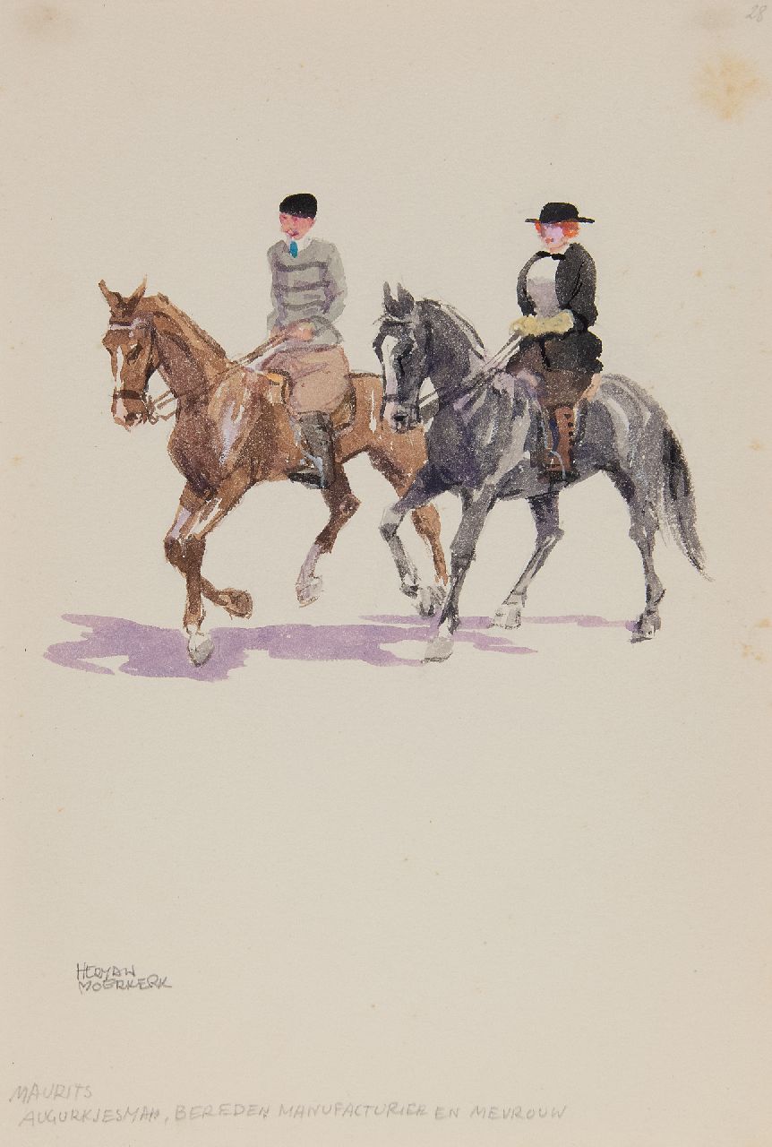 Moerkerk H.A.J.M.  | Hermanus Antonius Josephus Maria 'Herman' Moerkerk, Zandvoort: Maurits Gurkenmann, berittener Fabrikant und Madam, Bleistift und Aquarell auf Papier 25,5 x 17,1 cm, Unterzeichnet u.l.