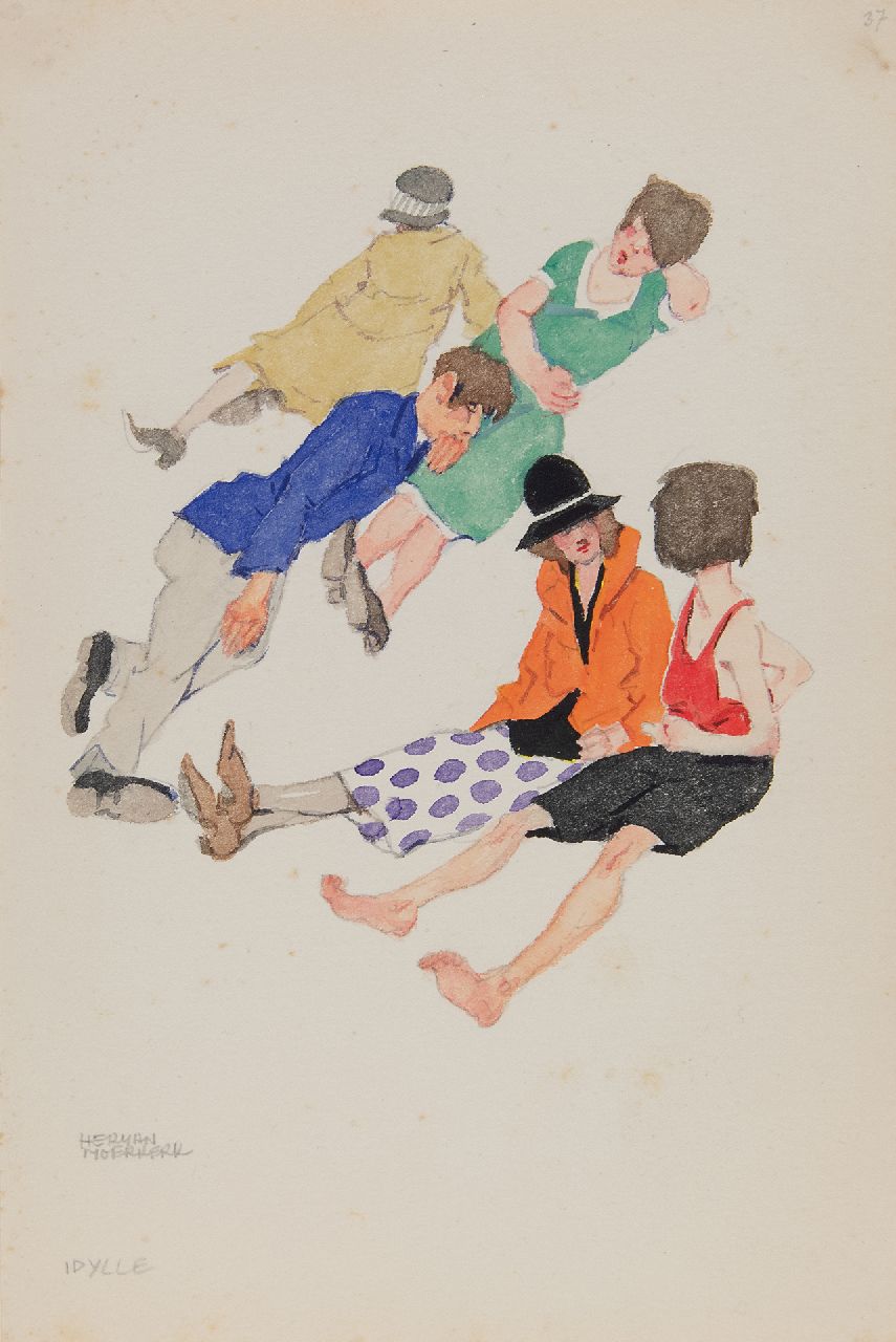 Moerkerk H.A.J.M.  | Hermanus Antonius Josephus Maria 'Herman' Moerkerk, Idylle, Bleistift und Aquarell auf Papier 25,5 x 17,1 cm, Unterzeichnet u.l.