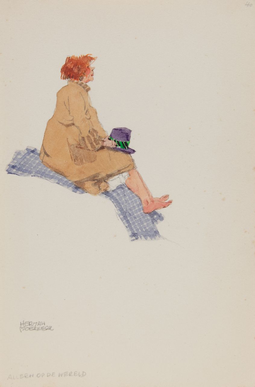 Moerkerk H.A.J.M.  | Hermanus Antonius Josephus Maria 'Herman' Moerkerk | Aquarelle und Zeichnungen zum Verkauf angeboten | Allein auf der Welt, Bleistift und Aquarell auf Papier 25,5 x 17,1 cm, Unterzeichnet u.l.