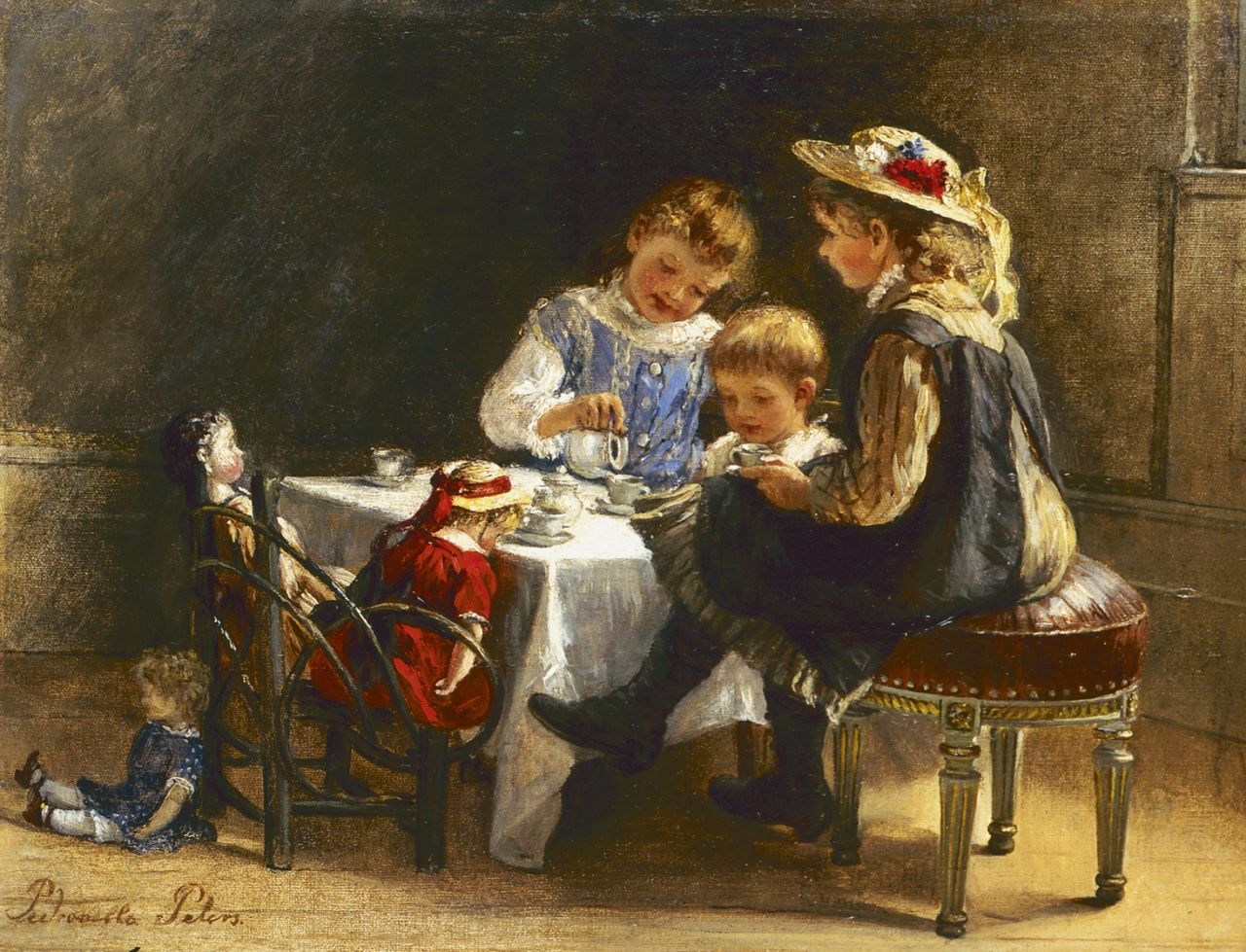 Peters P.  | Pietronella Peters, Drinking tea with the dolls, Öl auf Leinwand Malereifaser 21,8 x 28,8 cm, signed l.l.