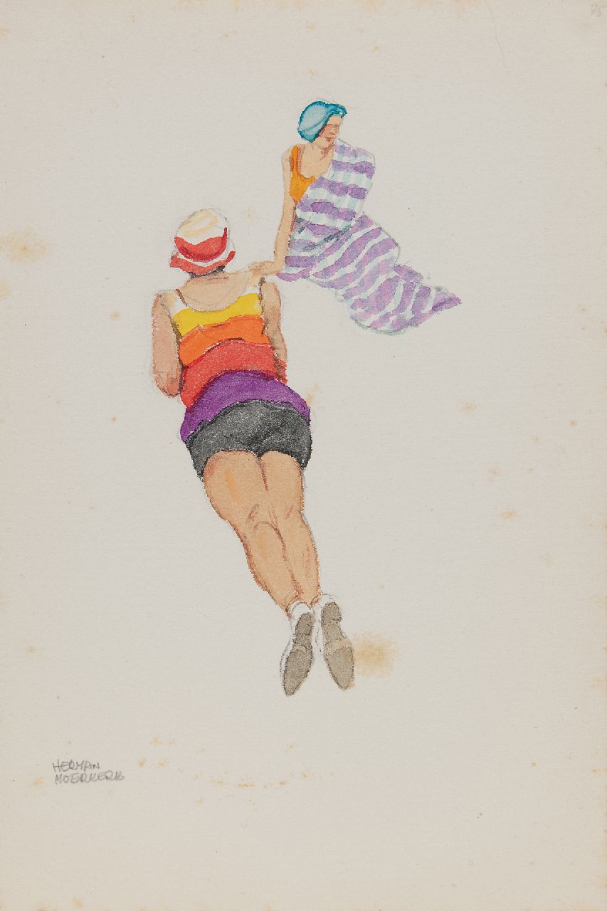 Moerkerk H.A.J.M.  | Hermanus Antonius Josephus Maria 'Herman' Moerkerk | Aquarelle und Zeichnungen zum Verkauf angeboten | Zwei junge Damen am Strand von Zandvoort, Bleistift und Aquarell auf Papier 25,5 x 17,1 cm, Unterzeichnet u.l.