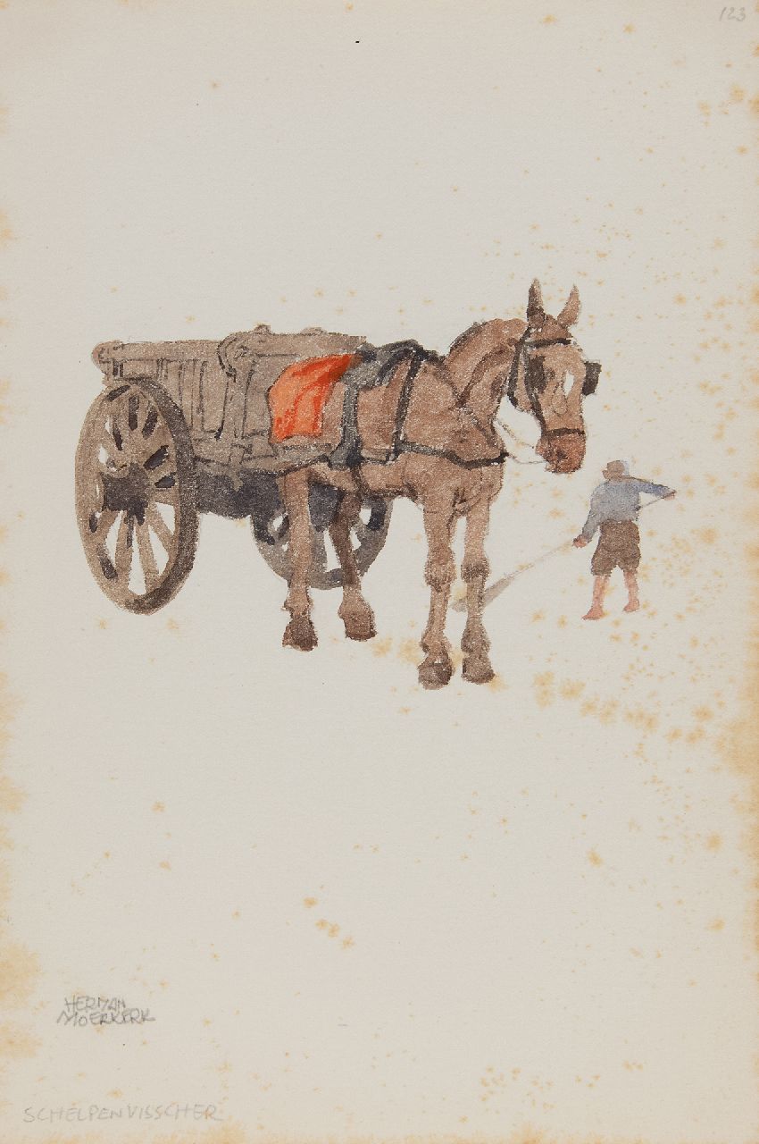 Moerkerk H.A.J.M.  | Hermanus Antonius Josephus Maria 'Herman' Moerkerk | Aquarelle und Zeichnungen zum Verkauf angeboten | Muschelfischer, Bleistift und Aquarell auf Papier 25,6 x 17,1 cm, Unterzeichnet u.l.