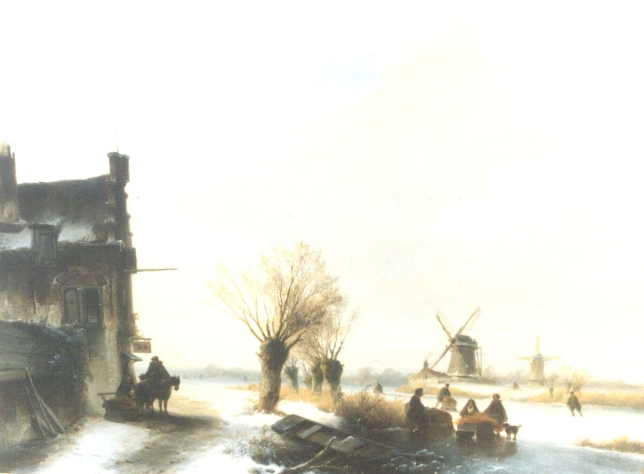 Hoppenbrouwers J.F.  | Johannes Franciscus Hoppenbrouwers, A winter landscape with skaters on the ice, Öl auf Holz 51,3 x 68,3 cm, signed l.l.