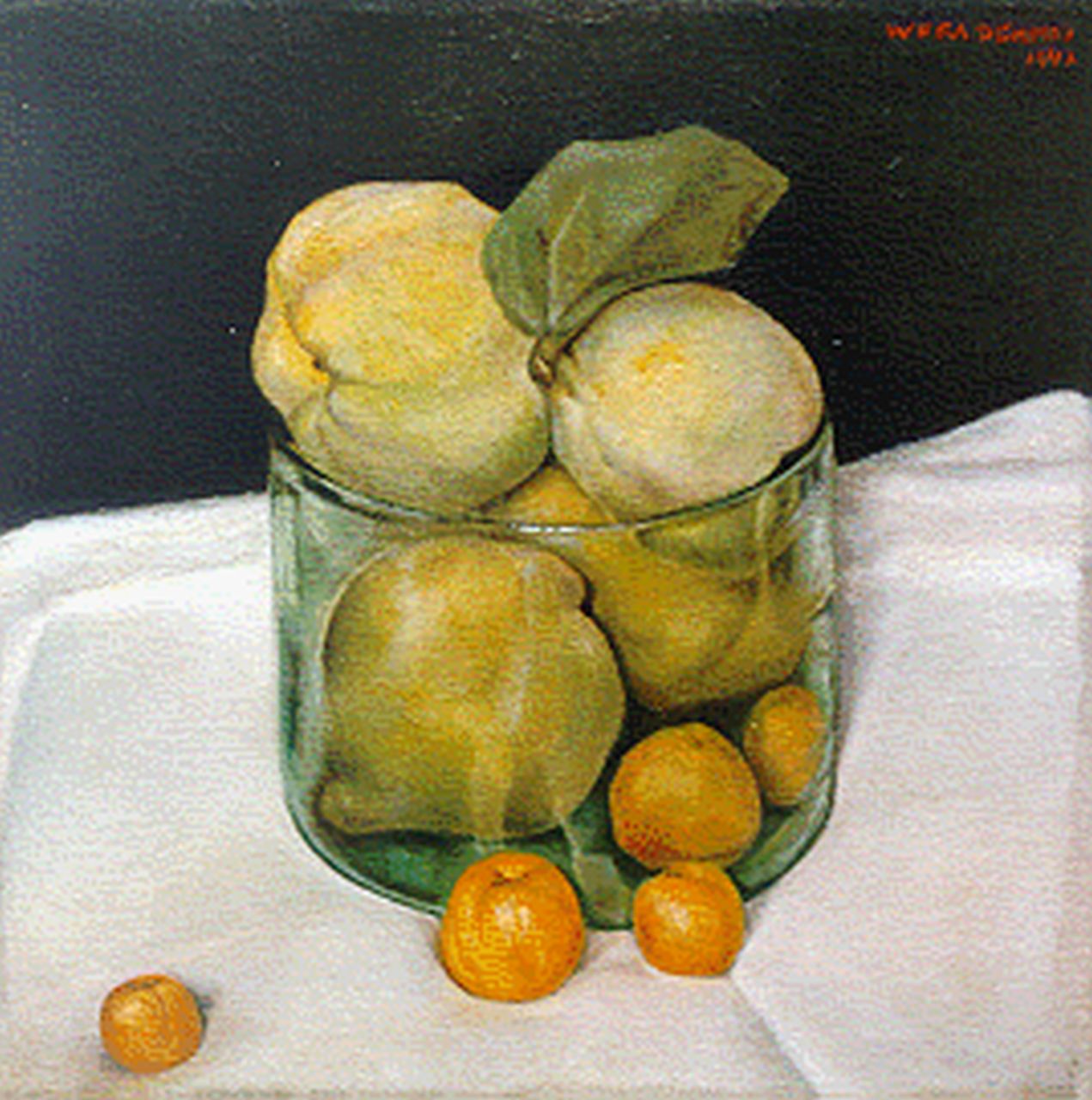 Schmid-Wittenberg W.M.J.  | 'Wera' Maria Josefine Schmid-Wittenberg, Still life with quinces and abricots, Öl auf Leinwand 25,5 x 25,2 cm, signed u.r. und dated 1947