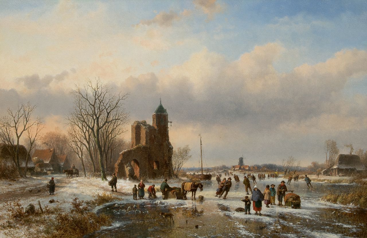 Vester W.  | Willem Vester | Gemälde zum Verkauf angeboten | Schlittschuhläufer auf dem Eis bei einer Burgruine    [x]  Vertaling  Figuren auf dem Eis bei einer Burgruine, Öl auf Leinwand 82,1 x 124,8 cm, Unterzeichnet l.u.