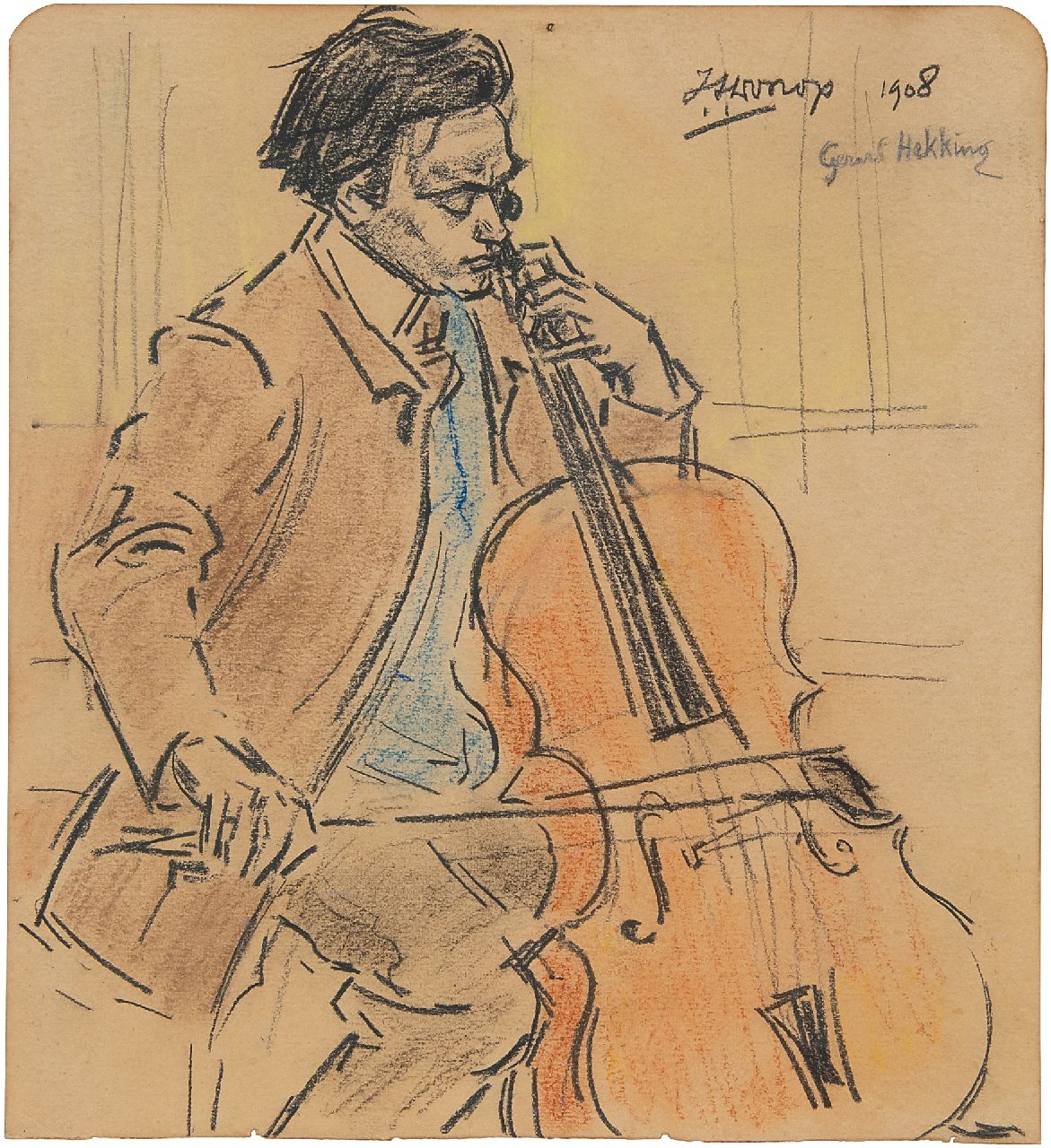 Toorop J.Th.  | Johannes Theodorus 'Jan' Toorop | Aquarelle und Zeichnungen zum Verkauf angeboten | Gerard Hekking Cello spielend, Schwarze und Farbkreide auf Papier 21,6 x 19,7 cm, Unterzeichnet o.r. und datiert 1908