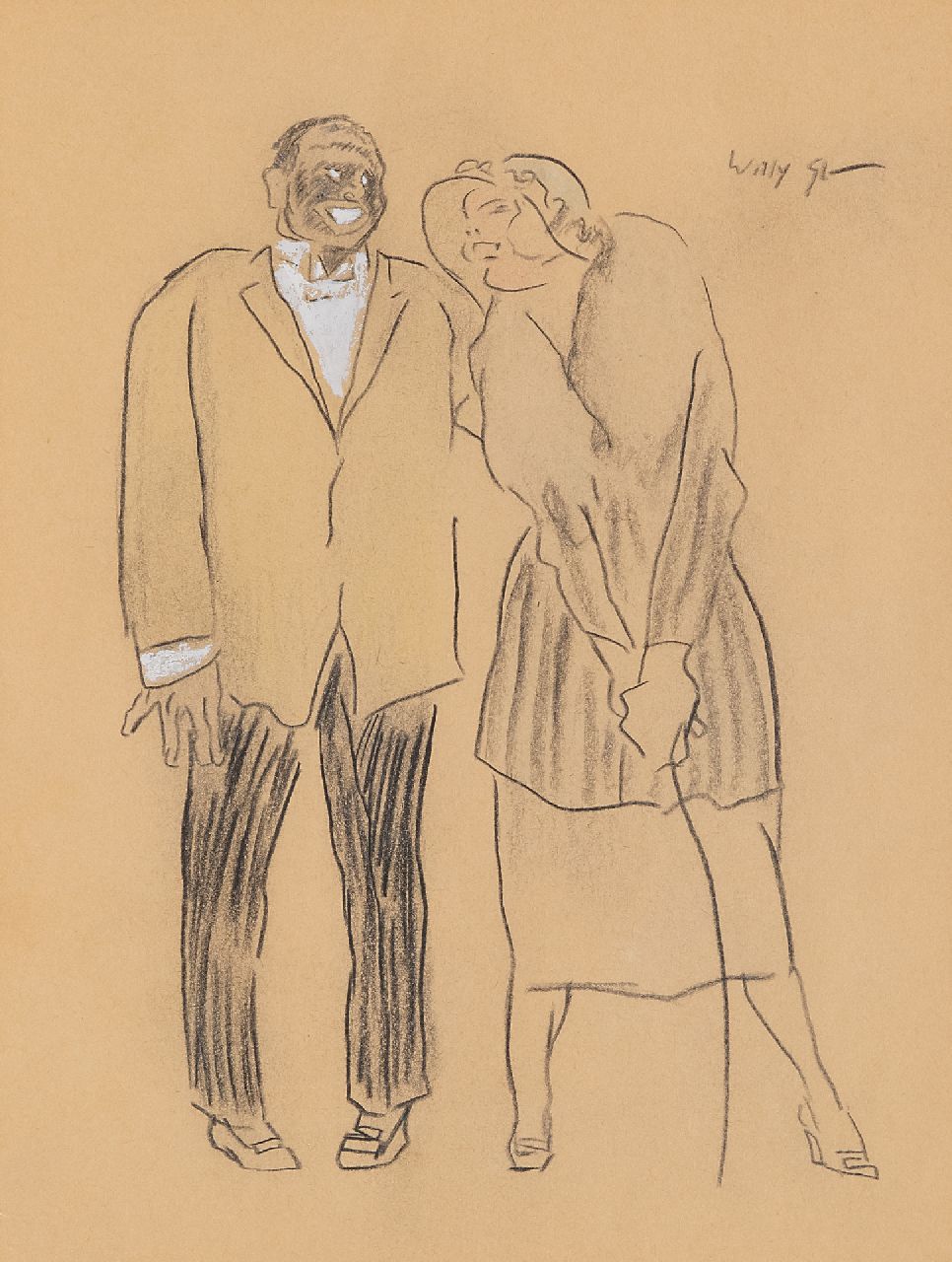 Sluiter J.W.  | Jan Willem 'Willy' Sluiter, Lächelndes Paar, Kreide und Gouache auf Papier 24,7 x 18,1 cm, Unterzeichnet o.r.