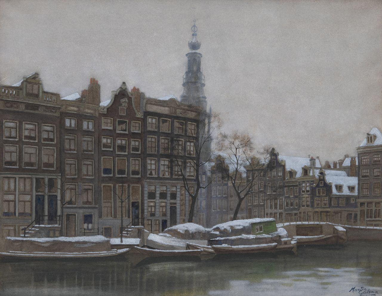 Galema A.  | Arjen Galema | Aquarelle und Zeichnungen zum Verkauf angeboten | Amsterdam im Winter, mit Blick auf den Zuiderkerkstoren, Aquarell auf Papier 52,0 x 66,5 cm, Unterzeichnet u.r. und without frame