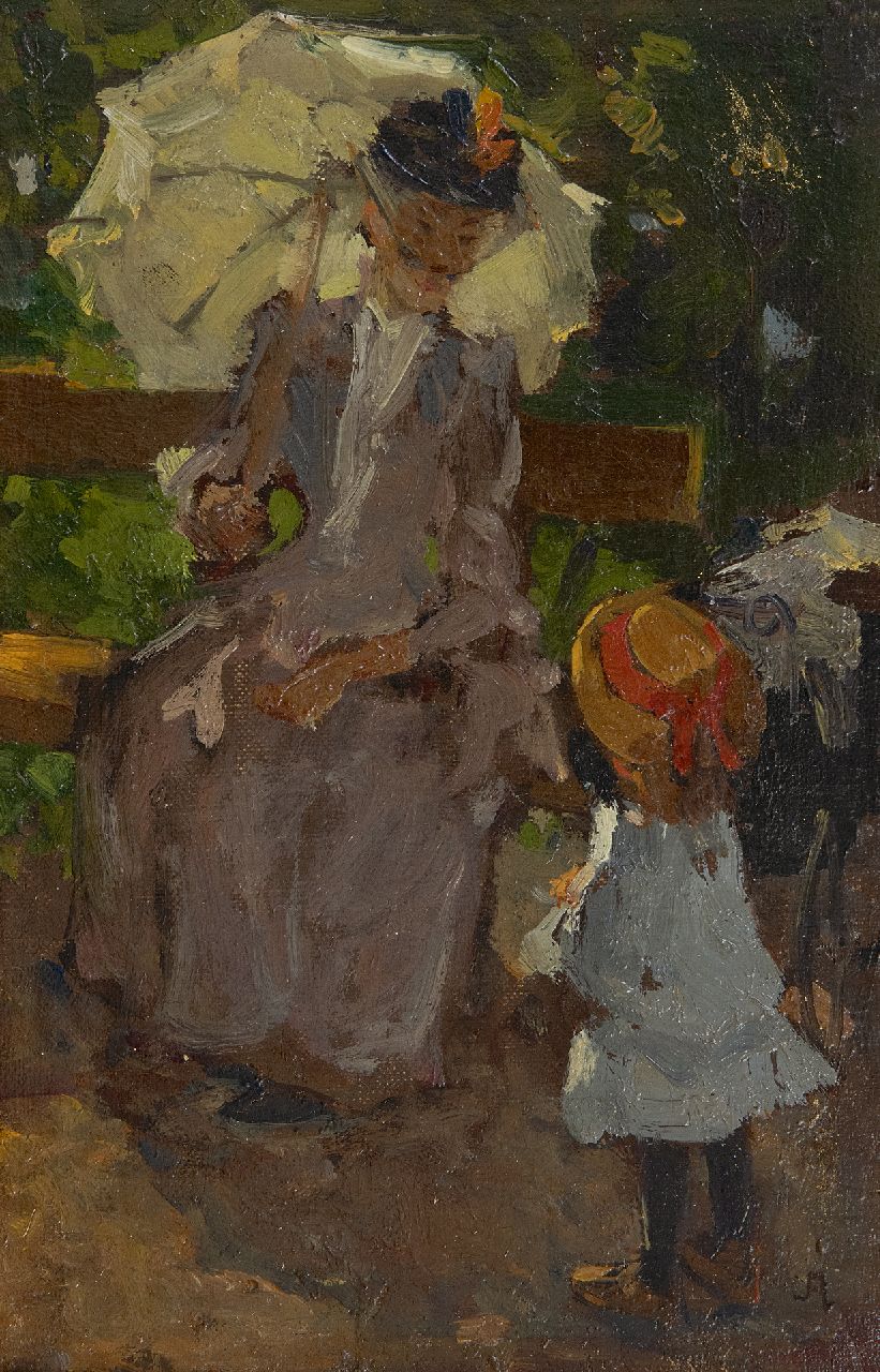 Akkeringa J.E.H.  | 'Johannes Evert' Hendrik Akkeringa | Gemälde zum Verkauf angeboten | Im Park, Öl auf Leinwand auf Holz 19,2 x 12,7 cm, Unterzeichnet u.r. mit Initial
