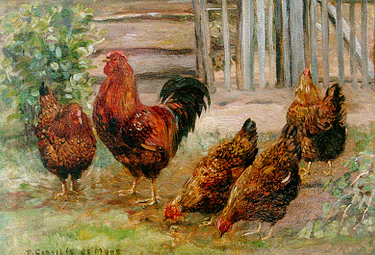 Moor P.C. de | Pieter Cornelis de Moor, Poultry on a yard, Öl auf Leinwand 22,6 x 32,7 cm, signed l.l.