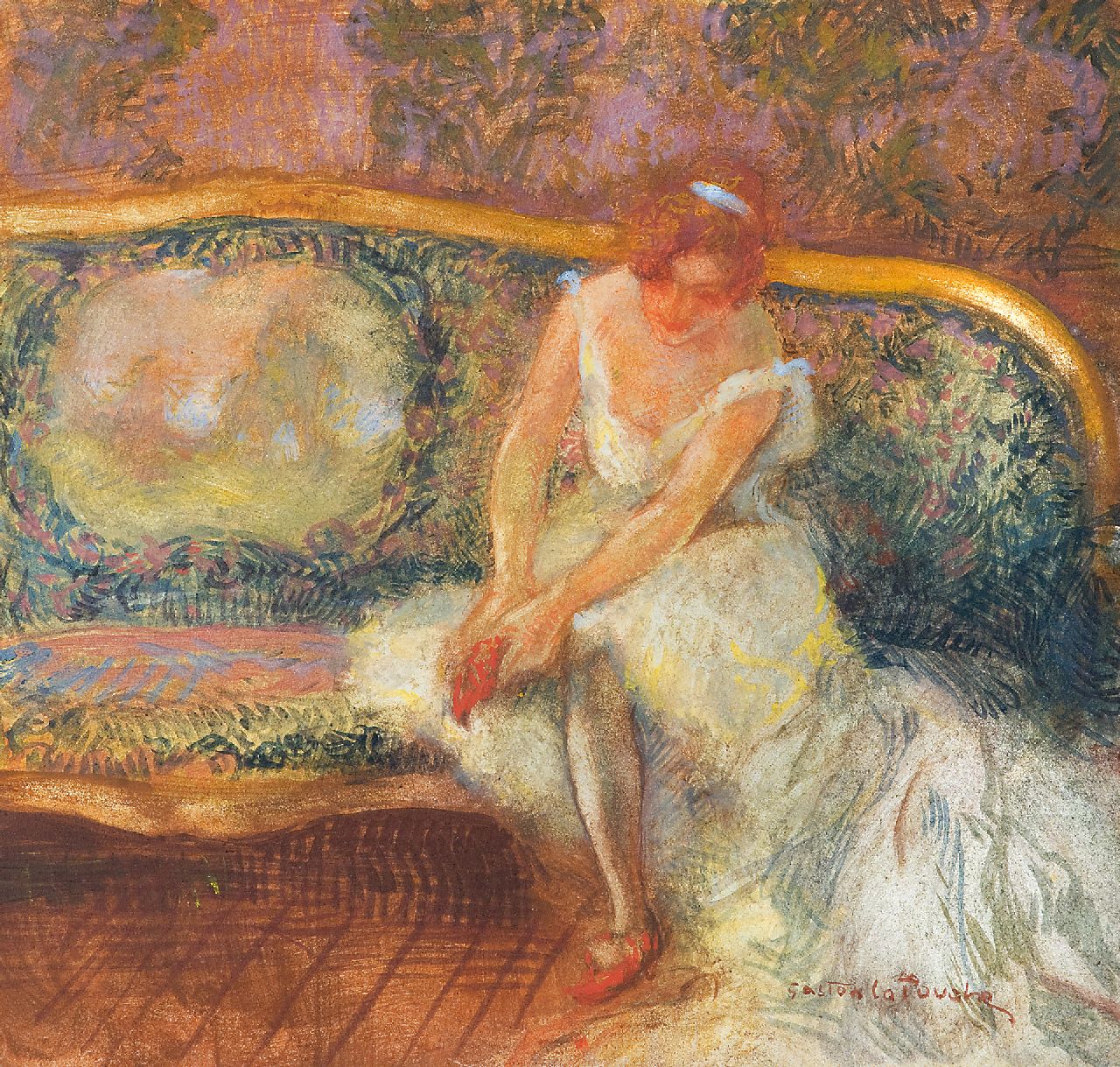 Gaston La Touche | Sitzende Ballerina, Kreide und Gouache auf Holzfaser, 23,1 x 24,3 cm, Unterzeichnet r.u.