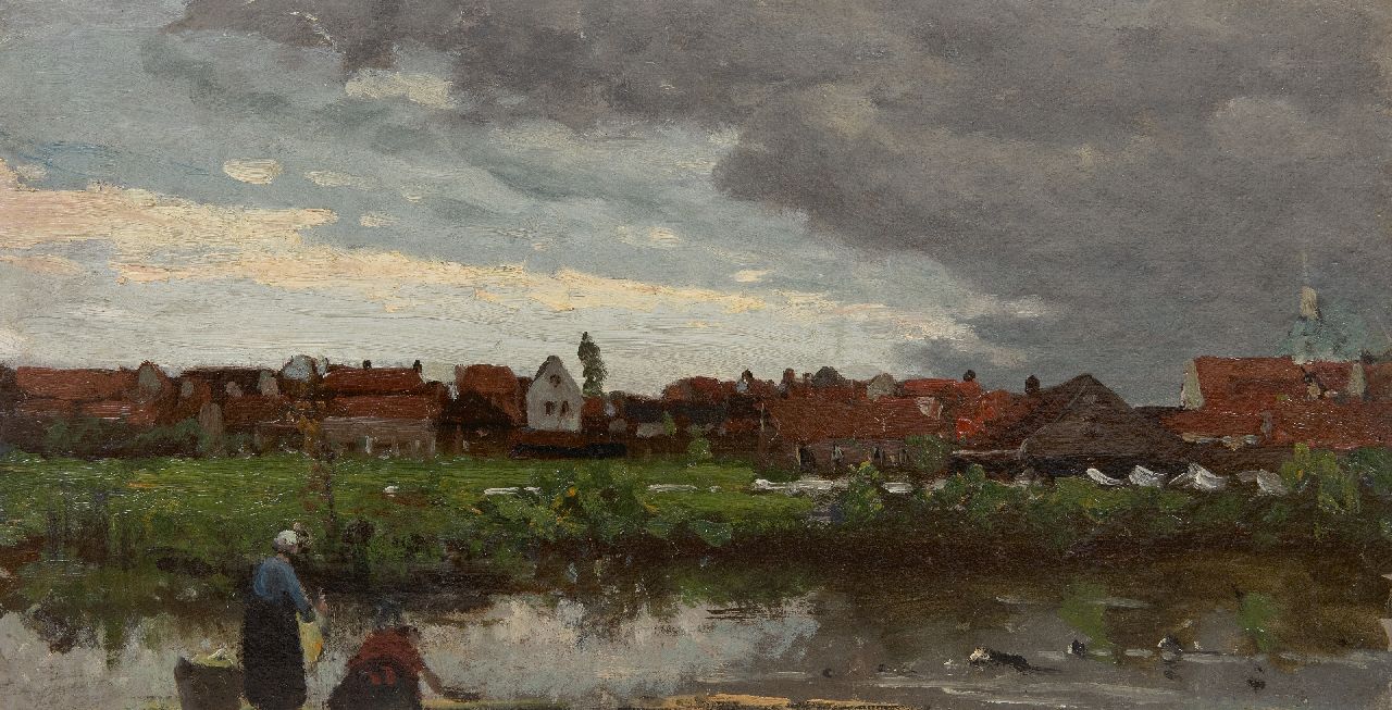 Mesdag H.W.  | Hendrik Willem Mesdag, Bleichfeldern an einem Fluss, Öl auf Leinwand auf Holz 29,3 x 56,0 cm, Unterzeichnet u.l. Signaturreste