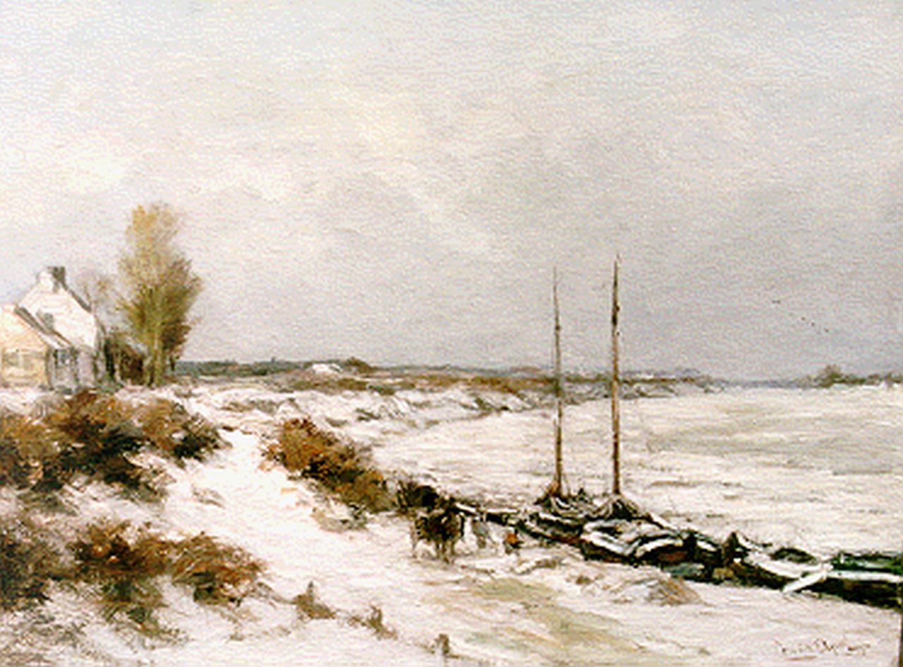 Apol L.F.H.  | Lodewijk Franciscus Hendrik 'Louis' Apol, Moored boats in a winter landscape, Öl auf Leinwand 45,0 x 60,0 cm, signed l.r.