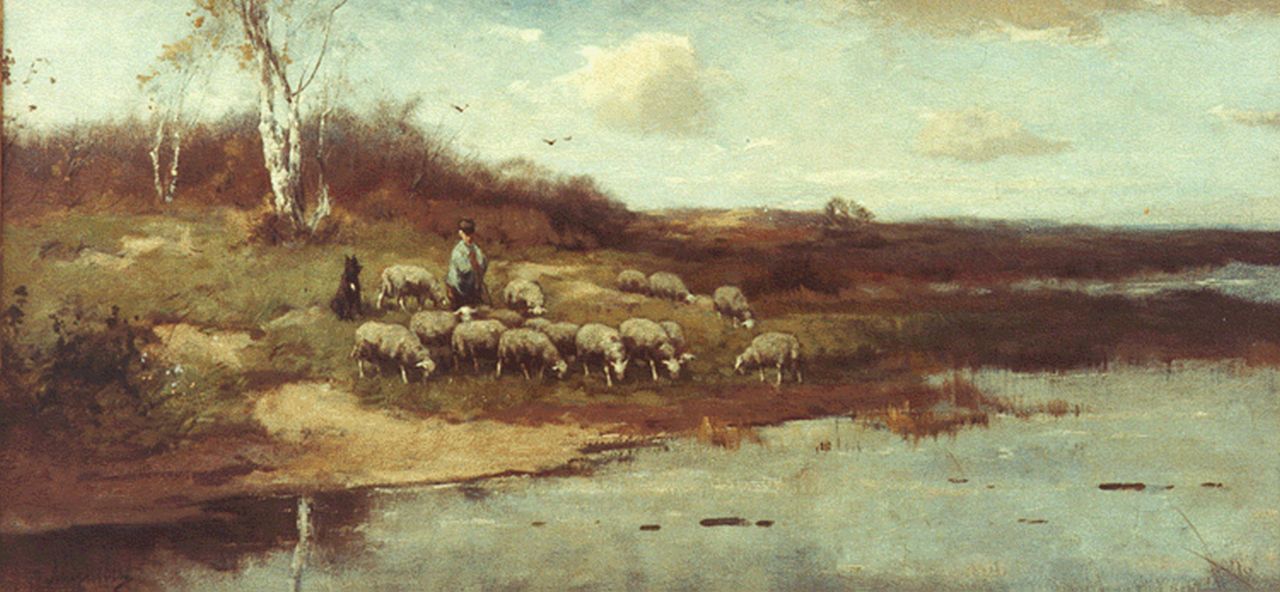 Scherrewitz J.F.C.  | Johan Frederik Cornelis Scherrewitz, A shepherd and flock, Öl auf Leinwand 40,0 x 80,3 cm, signed l.l.