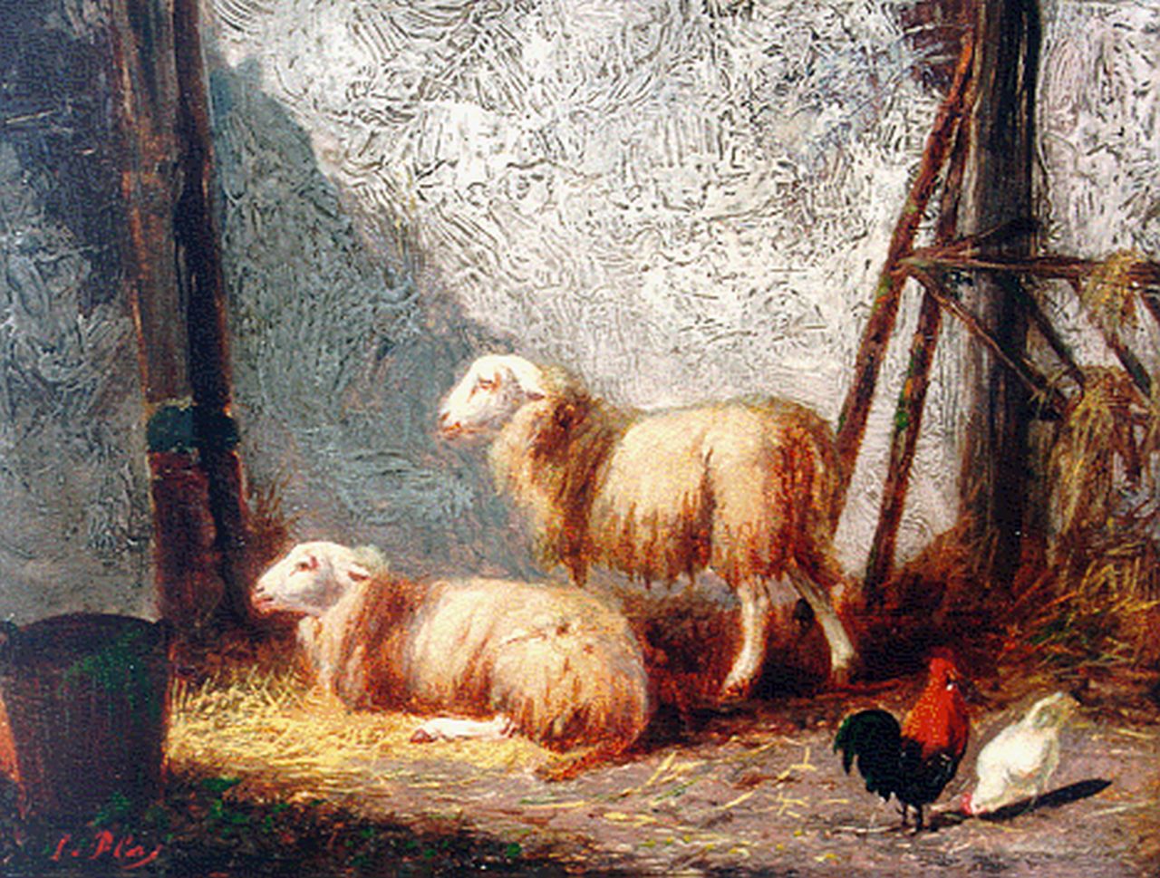 Plas L.  | Louwerencius Plas, Sheep and chickens in a stable, Öl auf Holz 11,5 x 15,4 cm, signed l.l.